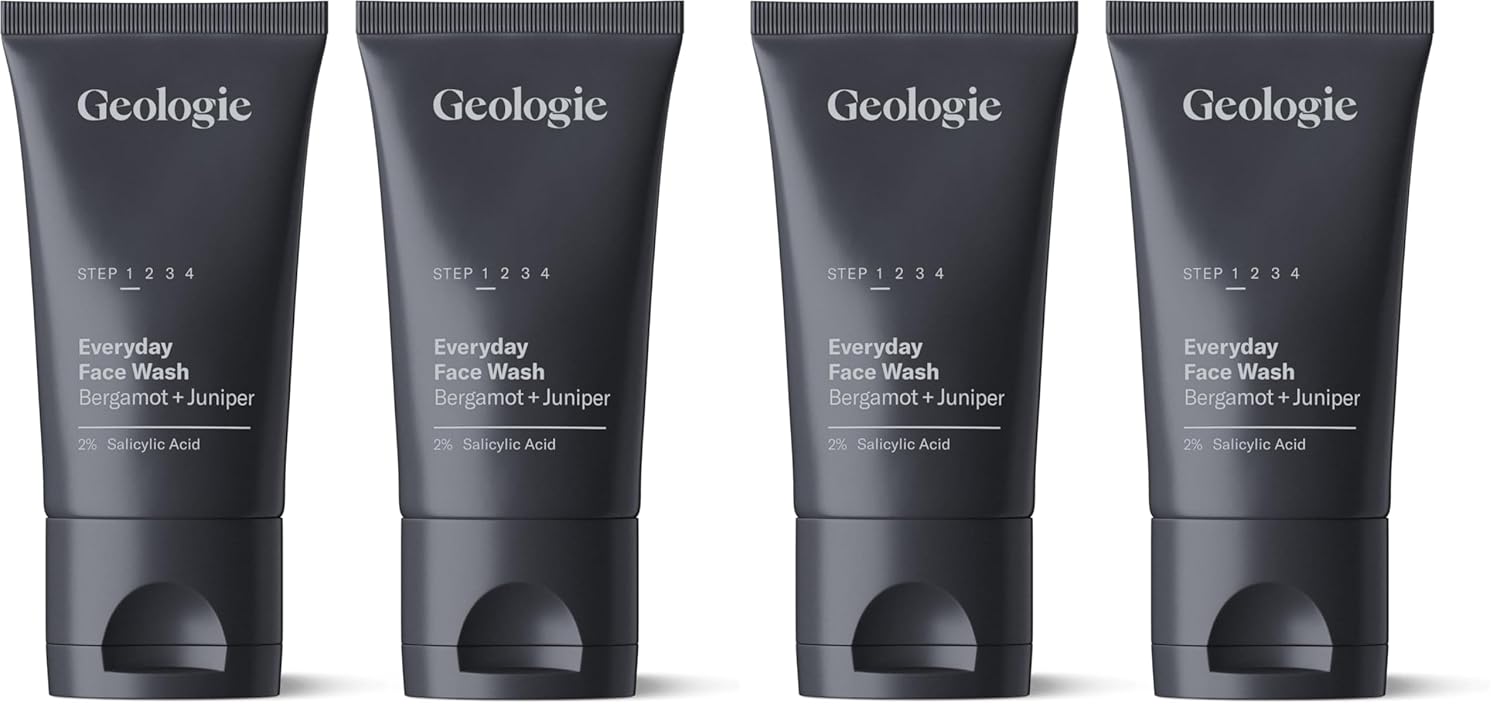 Geologie 2% Salicylic Acid Face Wash Bergamot + Juniper Scent | Facial Cleanser for Men & Women | Acne & Oil Control | Deep Cleansing & BHA Exfoliating Face Wash | 4-Pack