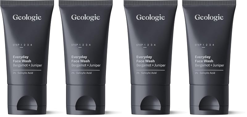Geologie Limpador facial com ácido salicílico 2%, fragrância de bergamota e zimbro, pacote com 4