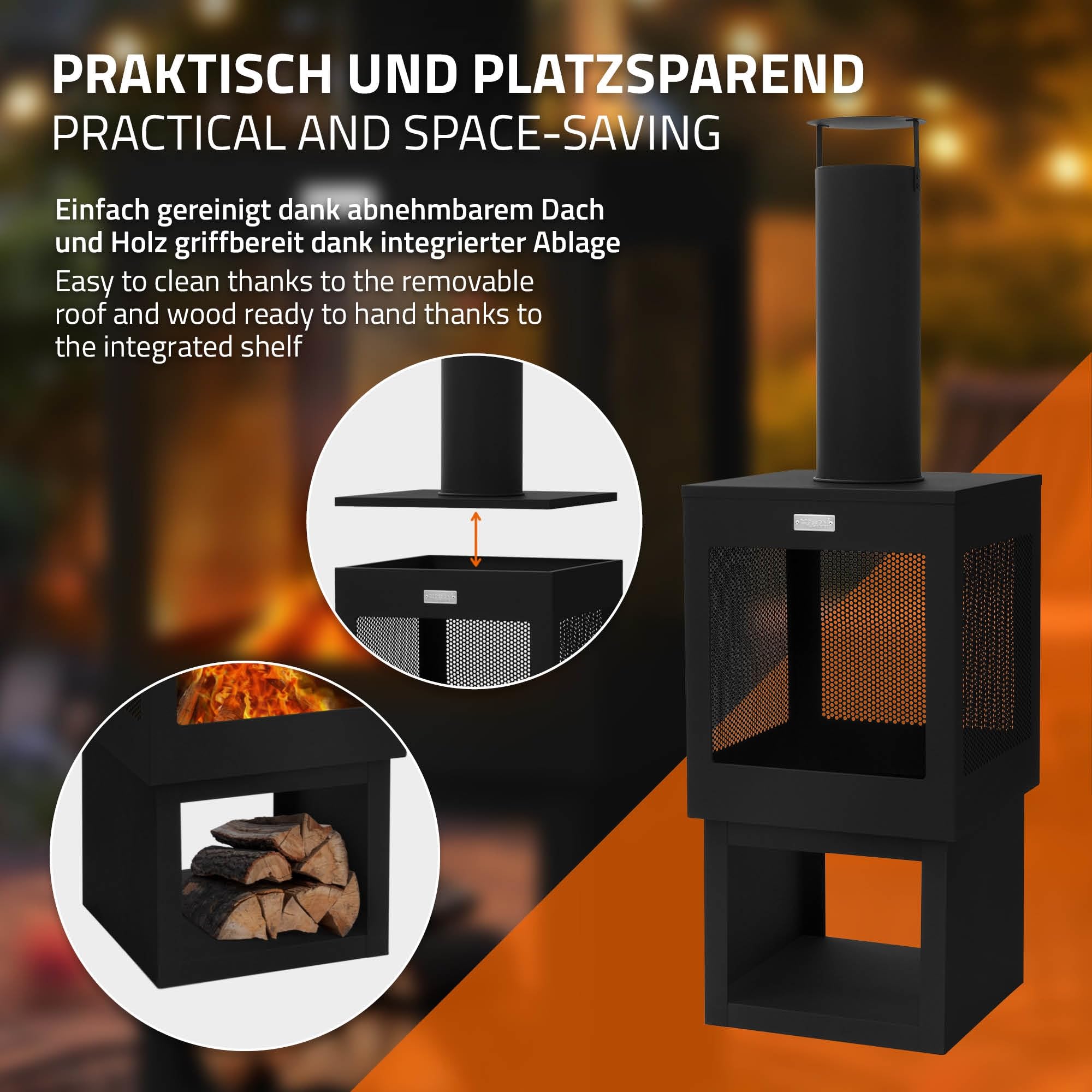 ML-Design Chimenea de Jardín 128 x 40 cm Cuadrada de Acero Negro, Estufa de Terraza para Exterior con Atizador, Techo Desmontable y Compartimento para Leña, Fogata Brasero Hoguera para Camping