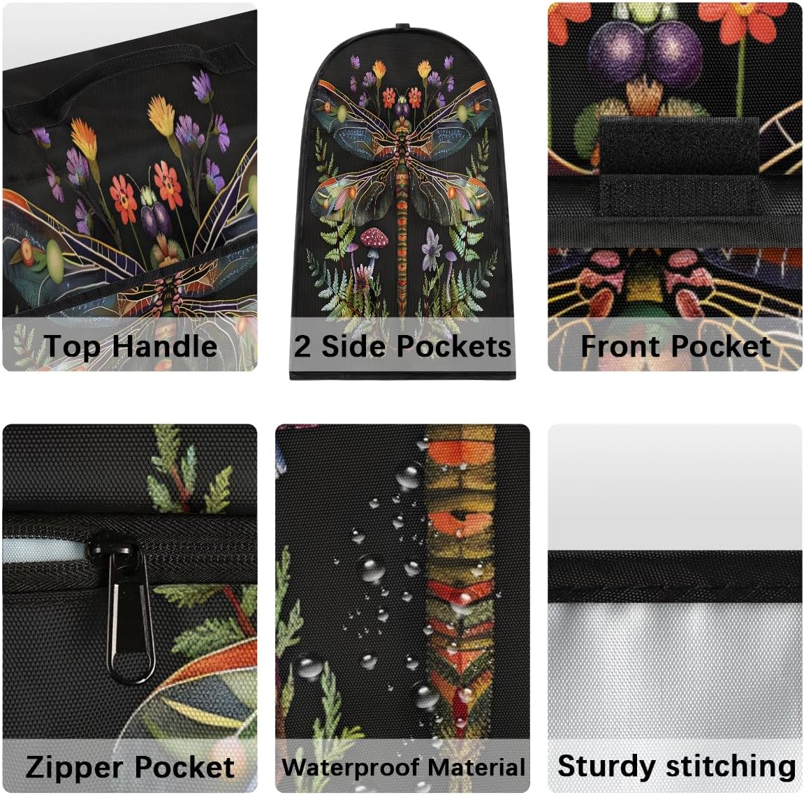 Color Dragonfly Flower Mushroom Kitchen Aid Mixer Cover Compatible with 6-8 Quarts Stand Mixer Dust Cover with Zipper Pocket Kitchen Aid Mixer Accessories Kitchen Appliance Organizer Bag