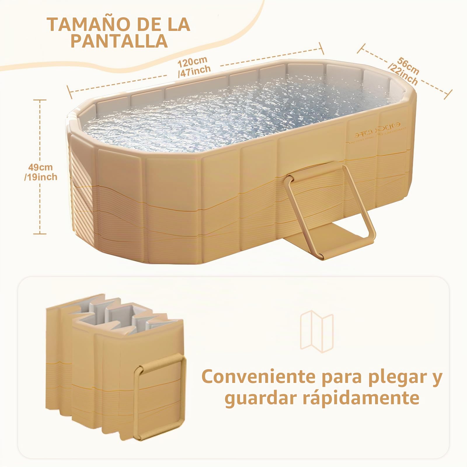 Bañera plegable para adultos, 2 en 1, baño de hielo y agua caliente, bañera portátil independiente con tapa, ideal para spa en casa, exterior e interior, sin montaje (120 x 56 x 50 cm, dorada)