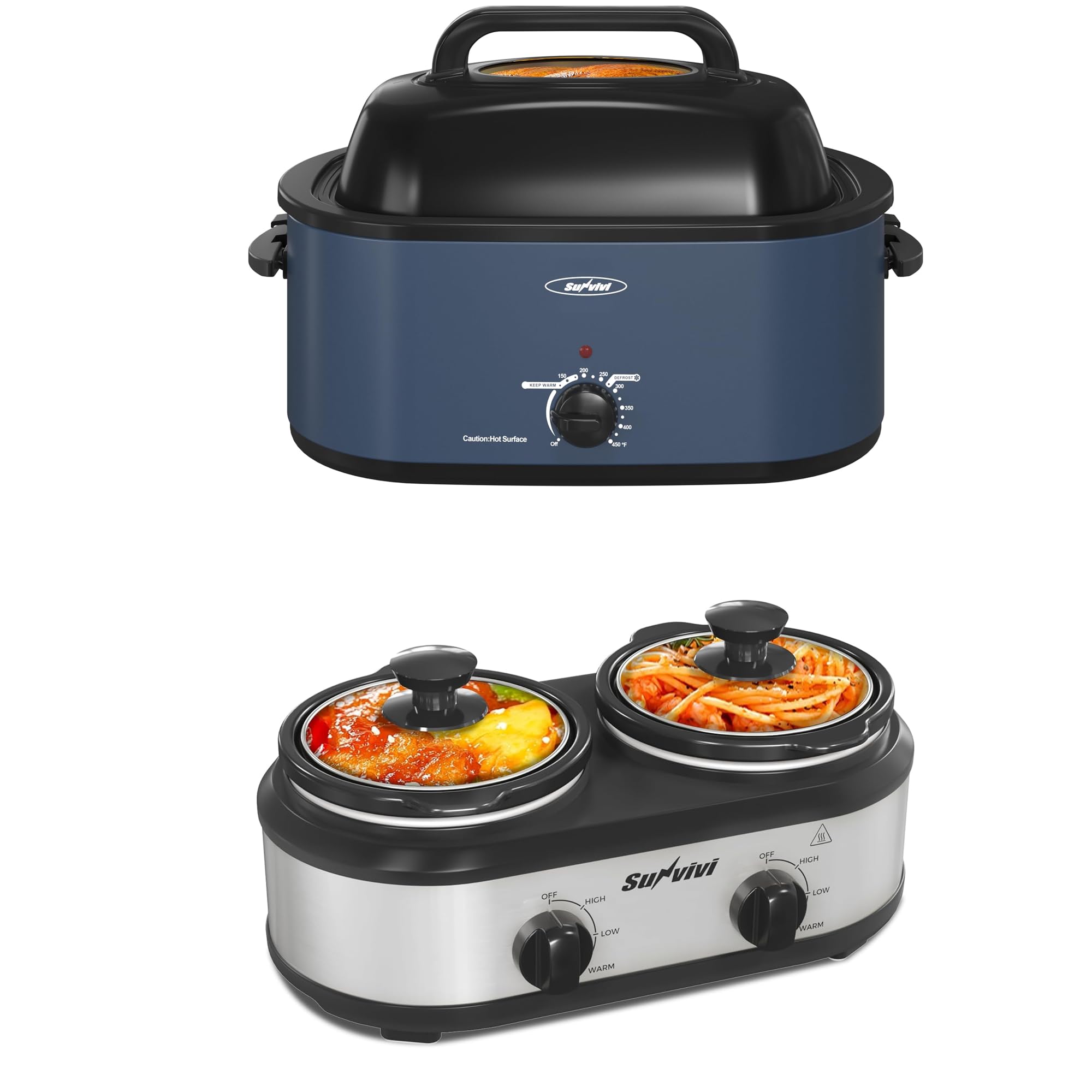 Sunvivi 28lb 24-Quart Roaster Oven with Self-Basting Lid And Dual Slow Cooker Turkey Roaster with Unique Defrost Warm