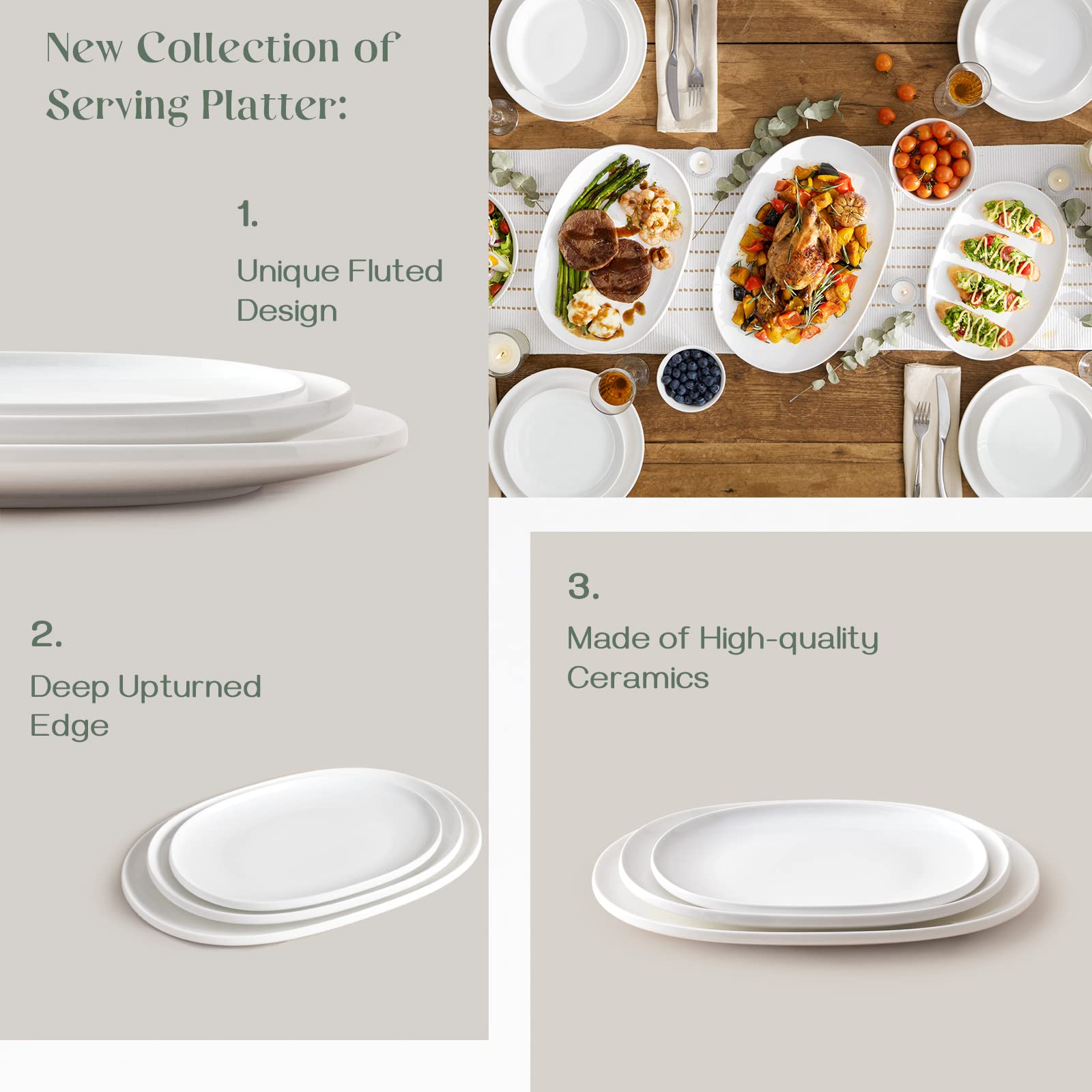 DOWAN Large Serving Platter, 16"/14"/12" Serving Plates for Entertaining, White Oval Platters Set of 3, Widen Porcelain Serving Platters Dishes Oven Safe for Food Serving, Party, Anniversaries