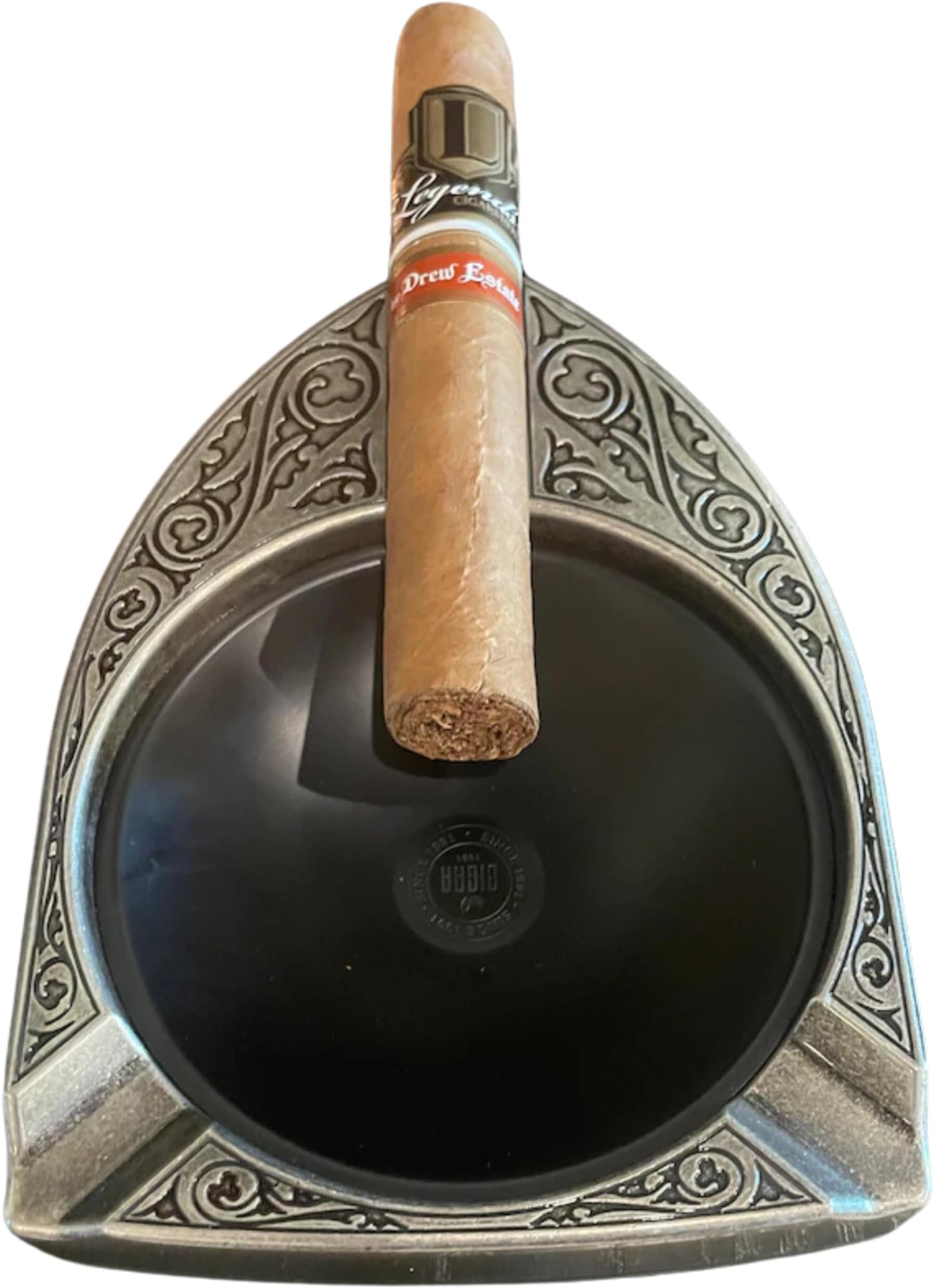 Antique Silver Shield 3-Finger Cigar Ashtray - Elegant Embossed Design, Durable Zinc Alloy Metal, Standerd, 0017A