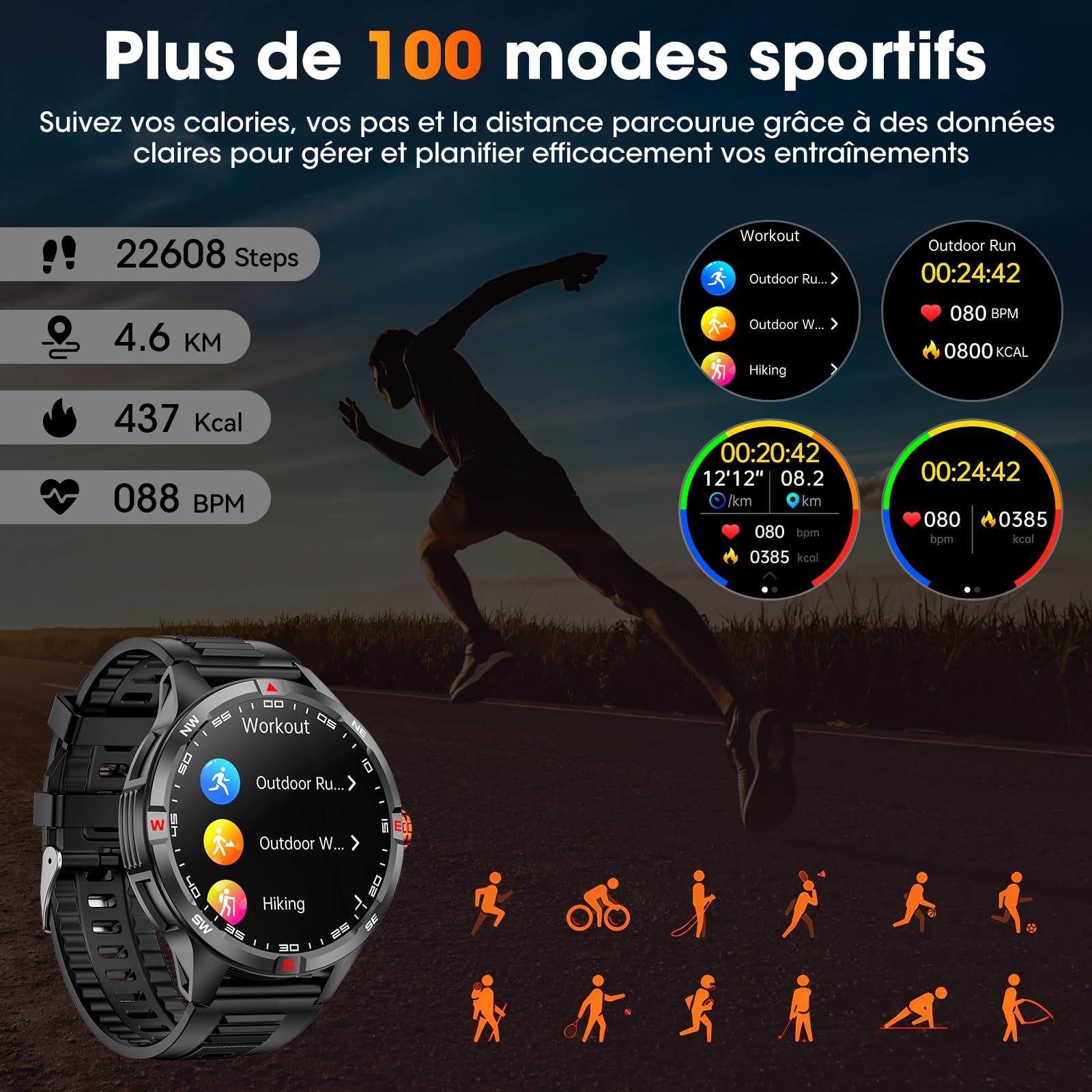 Sport Montre Connectée Homme 1000mah Grande Batterie, écran HD de 1,46 '' | Multi sport mode Fitness Tracker pour Android/iPhone, Boussole/Fréquence Cardiaque/Lampe de poche LED/IP68 étanche