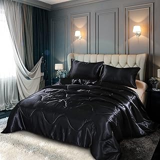 Btargot Black Satin Silky Soft Quilt Warm Light Weighted Luxury Microfiber Bedding Comforter Set Queen Size