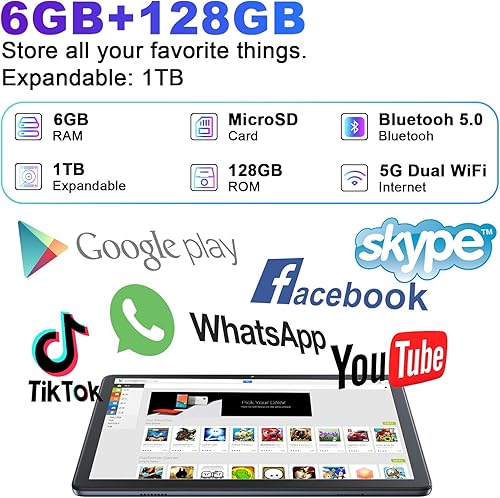 Miniatura 4 de kinstone Tableta Android de 10.1", 6GB RAM 128GB ROM, octa-core rápido, WiFi de doble banda 2.4G5G, Bluetooth 5.0, pantalla IPS HD, ideal para