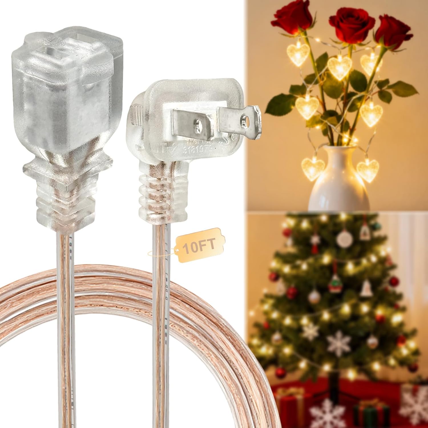 10 FT Clear Extension Cord 2 Prong Indoor Thin Extension Cord, ETL Certified Invisible Slim Power Cable with Flat Right Angle Plug, 18 AWG Thin Wire for Home Office Kitchen (1250W)
