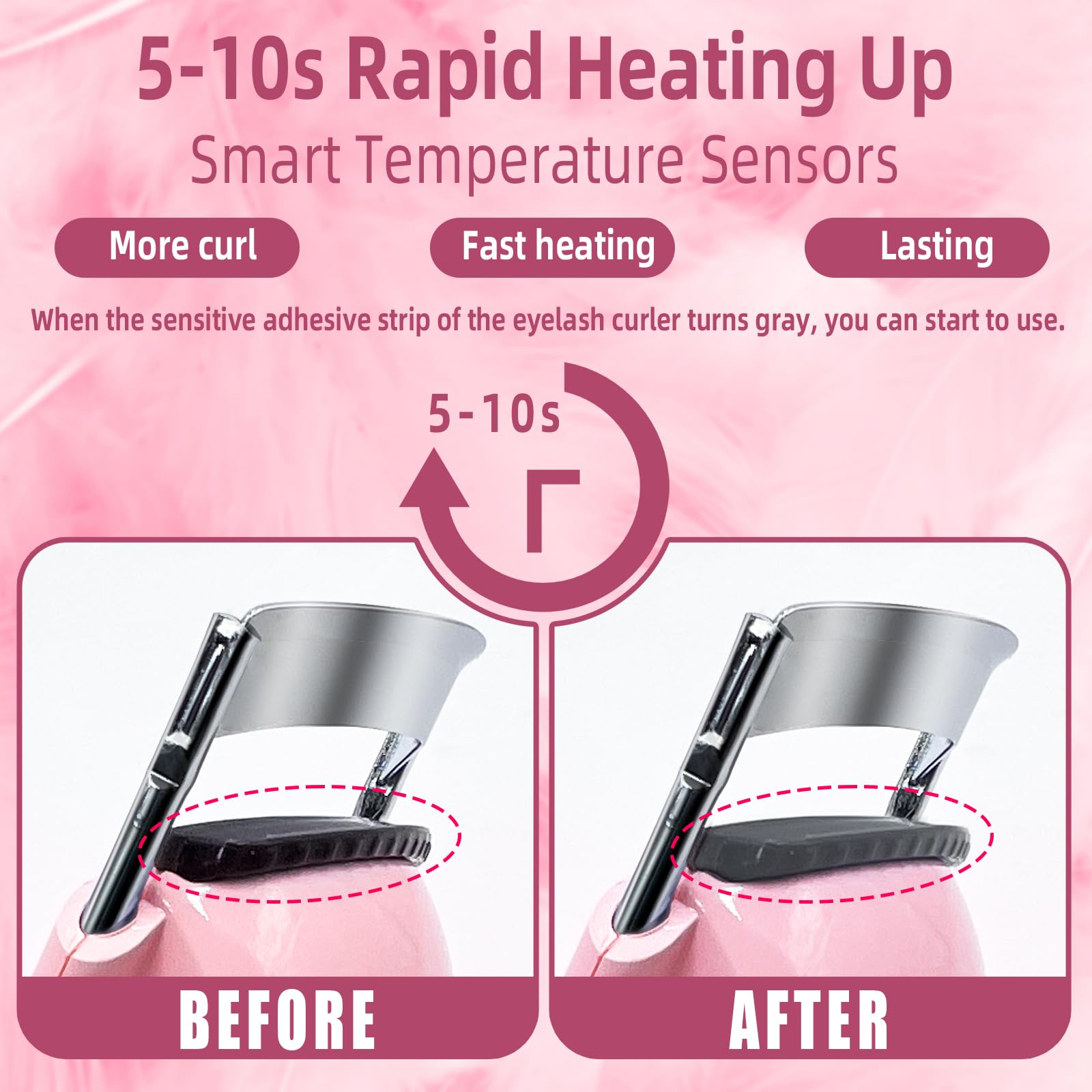 Pinkiou Rizador de pestañas con calefacción para mujer, rizador de pestañas eléctrico con temperatura de carga USB, almohadilla de silicona ajustable para calentamiento rápido para pestañas