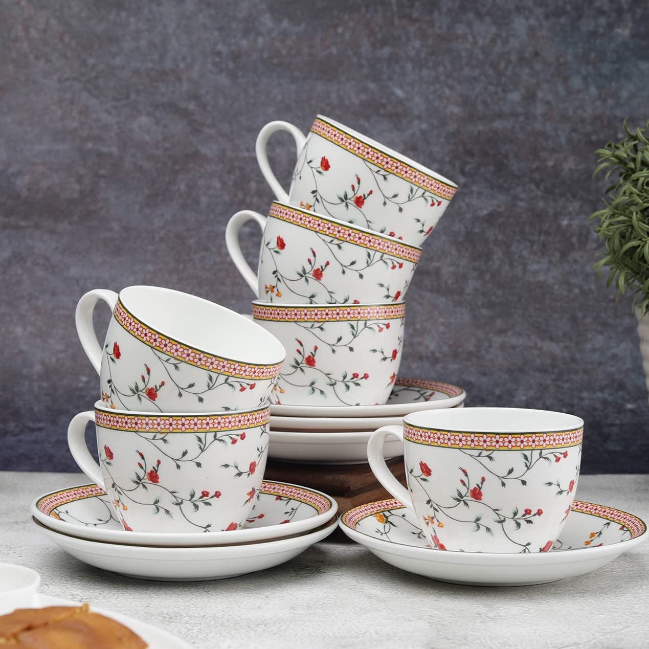 Buy JCPL Fine Ceramic Cup & Saucer Set of 12 (6 Cups + 6 Saucers) 180 ml Each Red Online at