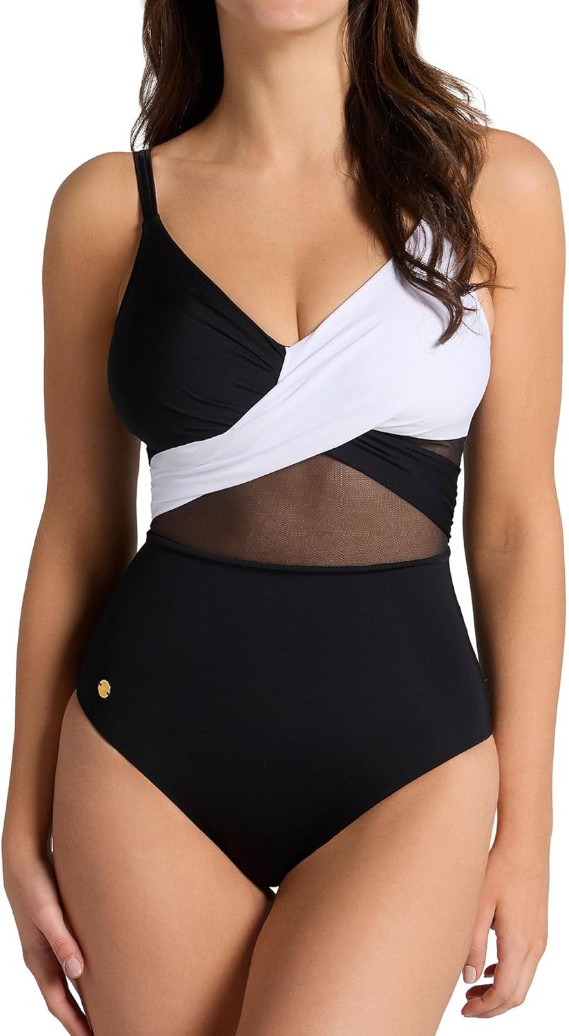 Leonisa Womens Swimwear Contrast Detail One Piece Swimsuit with Slimming Compression Tummy Control Swimsuits for Women