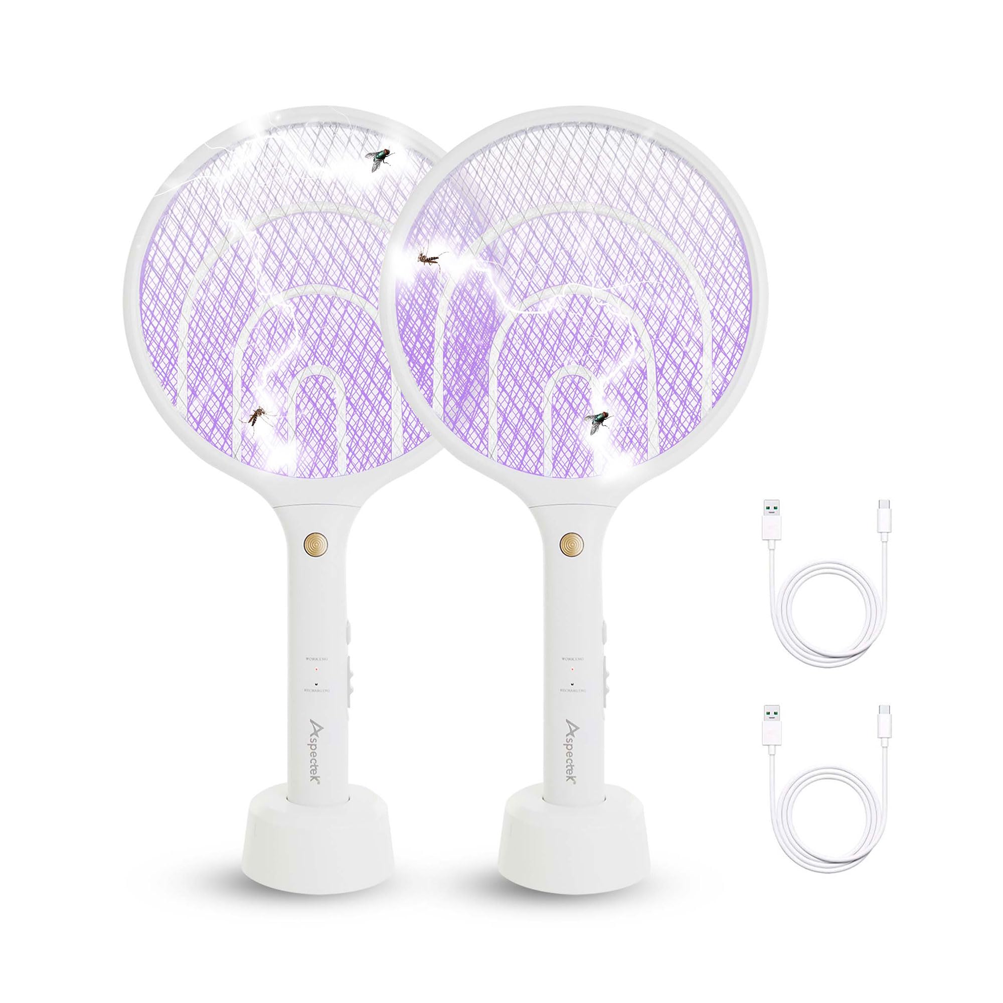 Aspectek 2 Pacchi Raquetta Elettrica per Zanzare 3000V, Zappatrice per Insetti Ricaricabile per Interni ed Esterni, Cavo di Ricarica USB