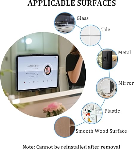 Miniatura 4 de OHLPRO Soporte de pared para tableta para iPad, soporte adhesivo 3M giratorio ajustable de 360 sin taladrar para cocina, compatible con teléfonos