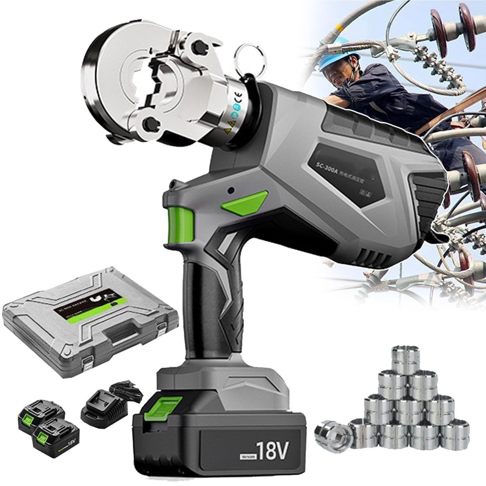 18V Electric Hydraulic Crimping Tool - 16 to 400mm² Cable Lug Crimper for Copper and Aluminum Terminals - 330 Degree Rotation - Digital Display and LED Lighting Kit(16~300mm²)