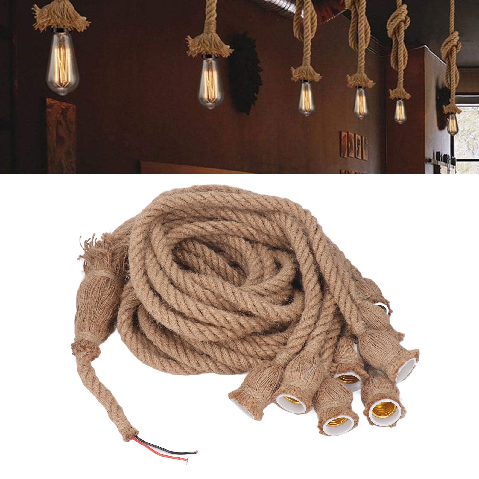 Lampy Wiszące E26/E27 Podstawa 6,5 ​​stopy Regulowana wysokość Wisząca Lina Konopna Zestaw do Baru Restauracja Kuchnia Strona Główna 8 Głowic Vintage Wisząca z Konopnej Liny Zestaw Przewodu