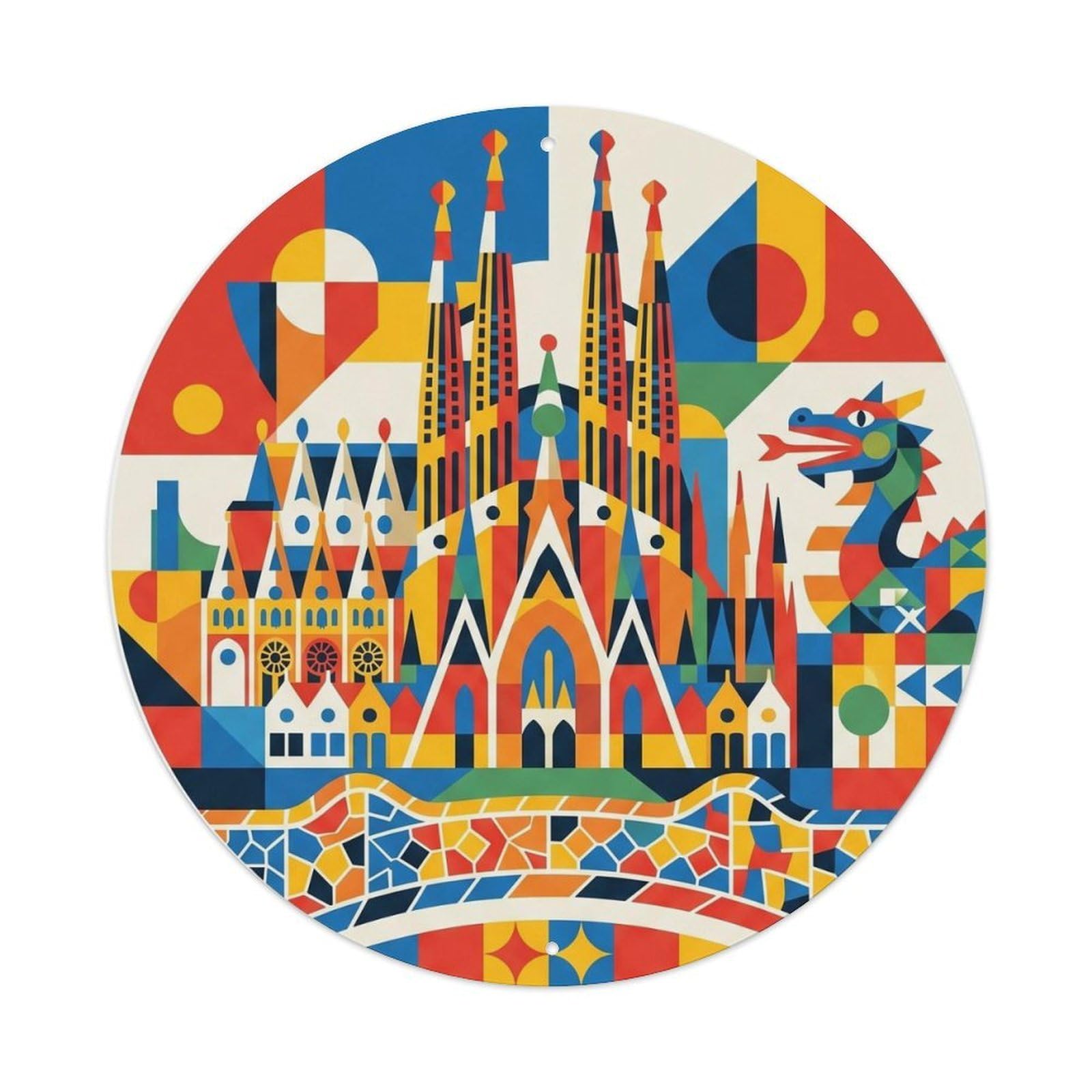 Classic Barcelona Cityscape Geometric Modernist Travel Metal Tin Sign Plaque Wall Decor for Cafe, Man Cave, Club Bar, Office, Home Garden Round Metal Poster 8x8Inch