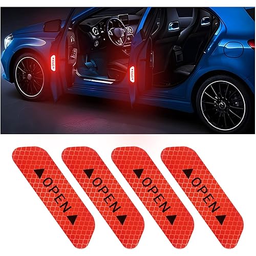 4PCS Reflective Open Warning Stickers for Car Door, Night Visibility Auto Safety Prompt Decals, 3.6 Inch Anti-Collision Protective Strip Tape, Car Accessories Universal for Truck, SUV, Van (Red)