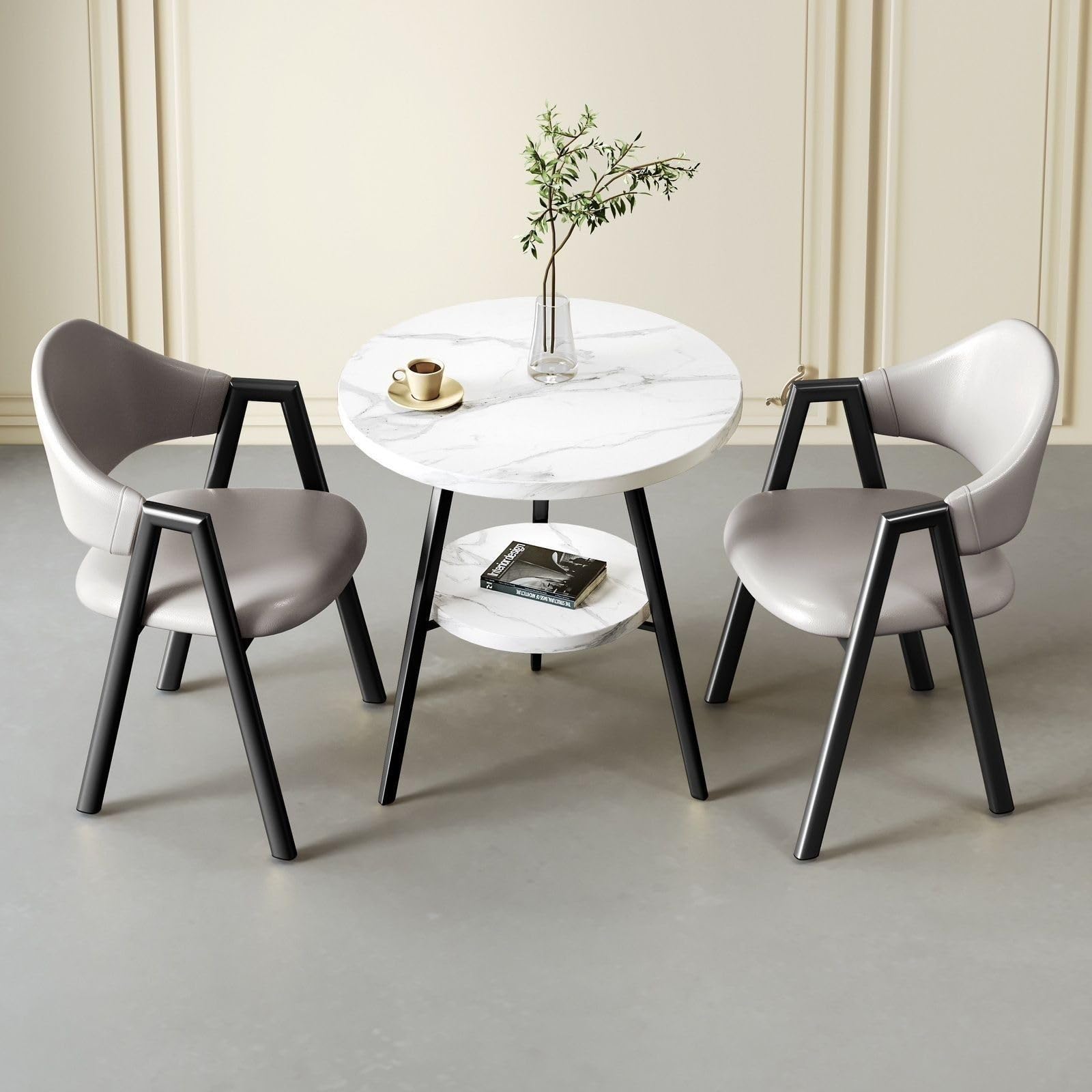 Small Round Reception Table with 2 Chairs, 2-Tier Faux Marble Dining Table and Chairs Set for Office, Lounge, Living Room, Kitchen (Light Grey Leather, 54x40x78cm)