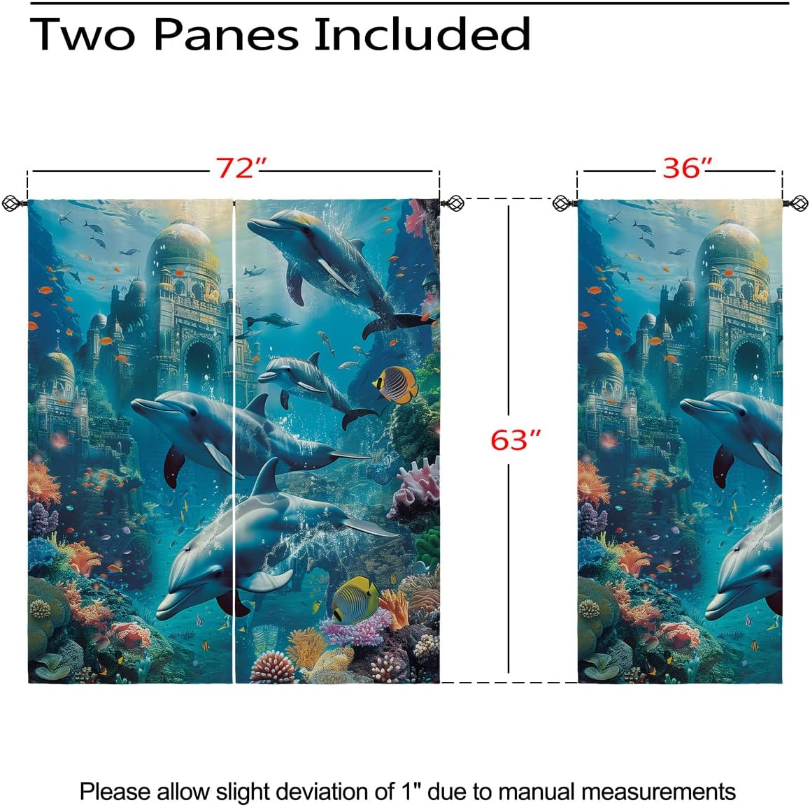 Ocean Blackout Curtains for Girls Boy Home Decor, Dolphin Ocean Underwater World Castle Grommet Thermal Insulated Drapes Darkening Window Curtain for Bedroom Living Room, 72 x 63 Inch