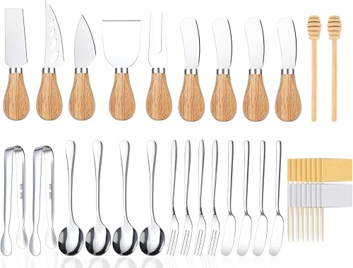 26 piezas de accesorios de tablas de charcutería, juego de cuchillos de queso con mango de madera, servicio para 4 utensilios de charcutería,