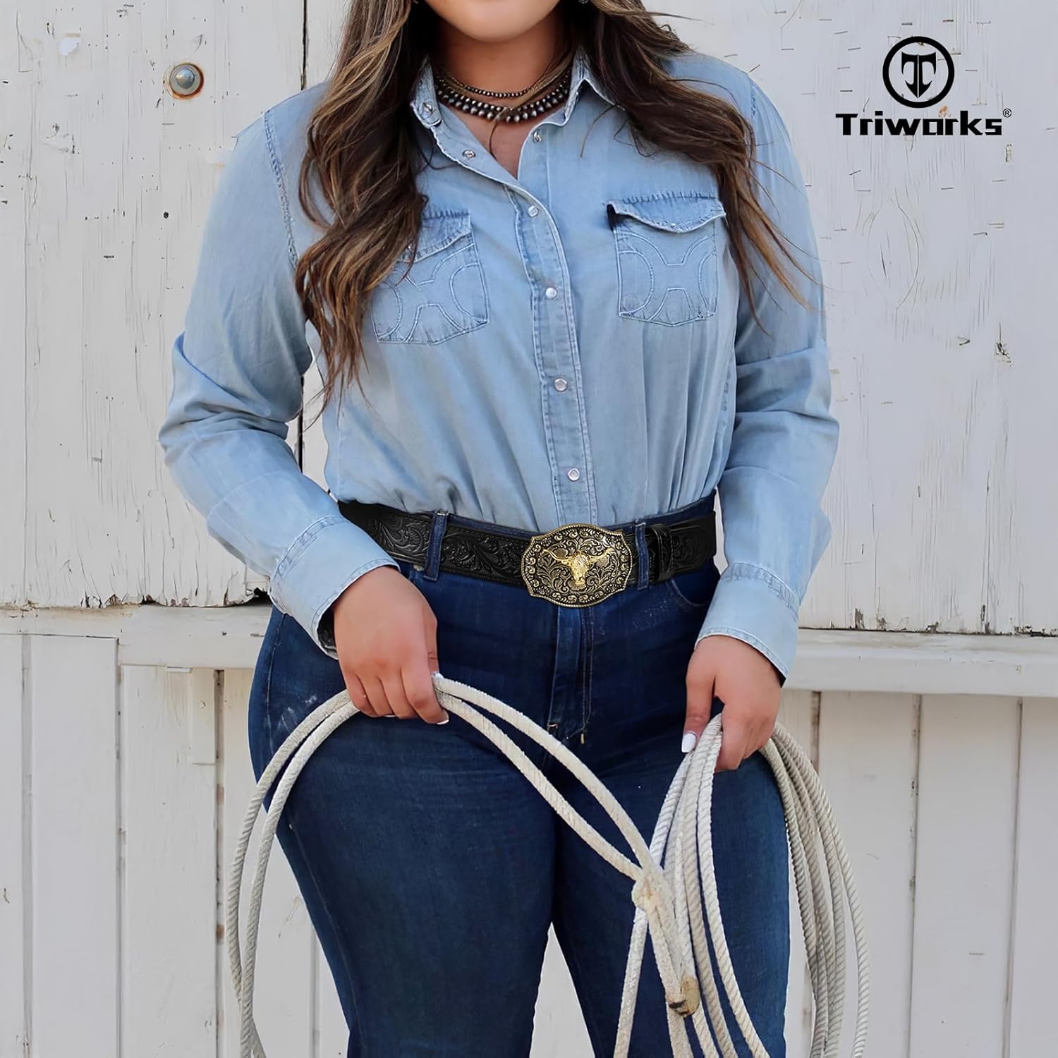 TRIWORKS Mens Western Cowboy Belt - Cowgirl Western Country Belt with Floral Engraved Buckle - Image 3