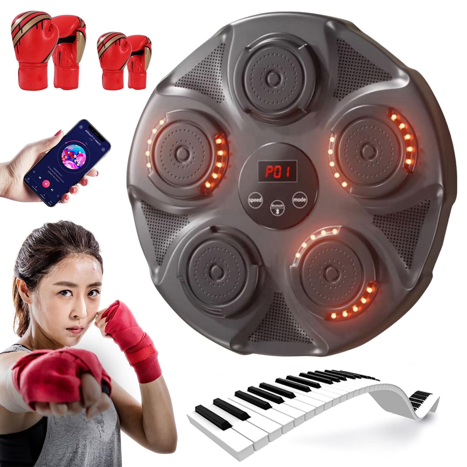 15.7in Music Boxing Machine+5 Lights+Bluetooth Sensor+Wall Mounted Intelligent Boxing Target+Portable Music Puch Bag Fighting Game Indoor+Boxing Training Equipment For Home Exercise/Stress Release (C