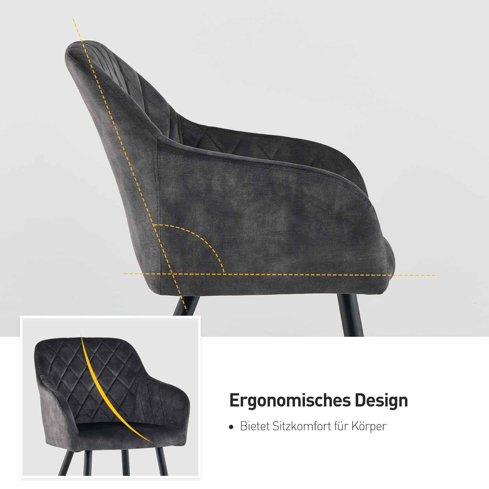 CLIPOP Esszimmerstühle 2er Set, Küchenstühle Grau Samtstoff Wohnzimmerstühle Polsterstühle mit Armlehne Metallbeine Polstersessel Stühle für Esszimmer Wohnzimmer Küche (2, Samt Kohlenstoffgrau)