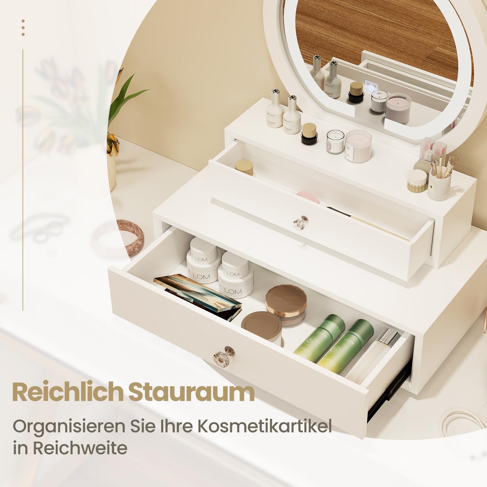 COSTWAY Spiegel mit 2 Schubladen Schminktisch Runder Schminkspiegel Spiegelschrank Frisiertisch Kosmetiktisch