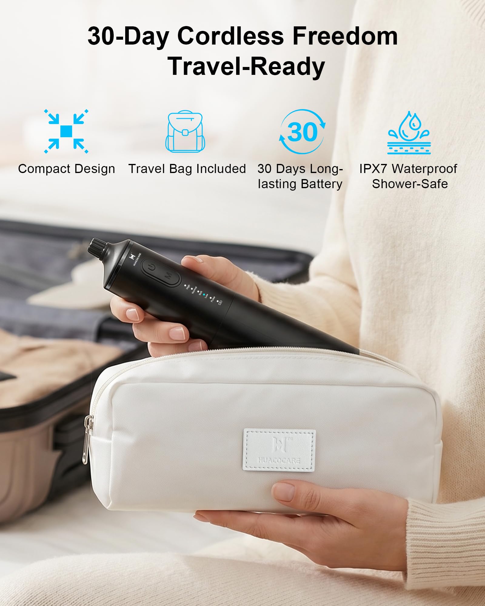 HUACO CARE Irrigador bucal de agua mejorado de 300 ml, 5 modos de irrigador bucal profesional inalámbrico, limpiador dental de agua de pulso de alta presión para el hogar y viajes, elimina la placa