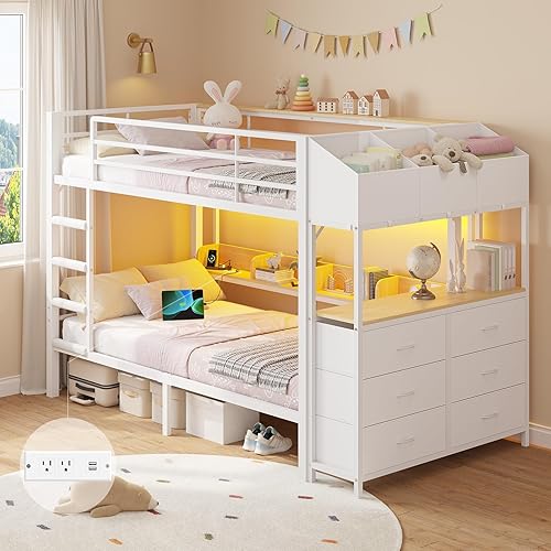 Twin Over Twin Bunk Bed with 6 Storage Drawers &
