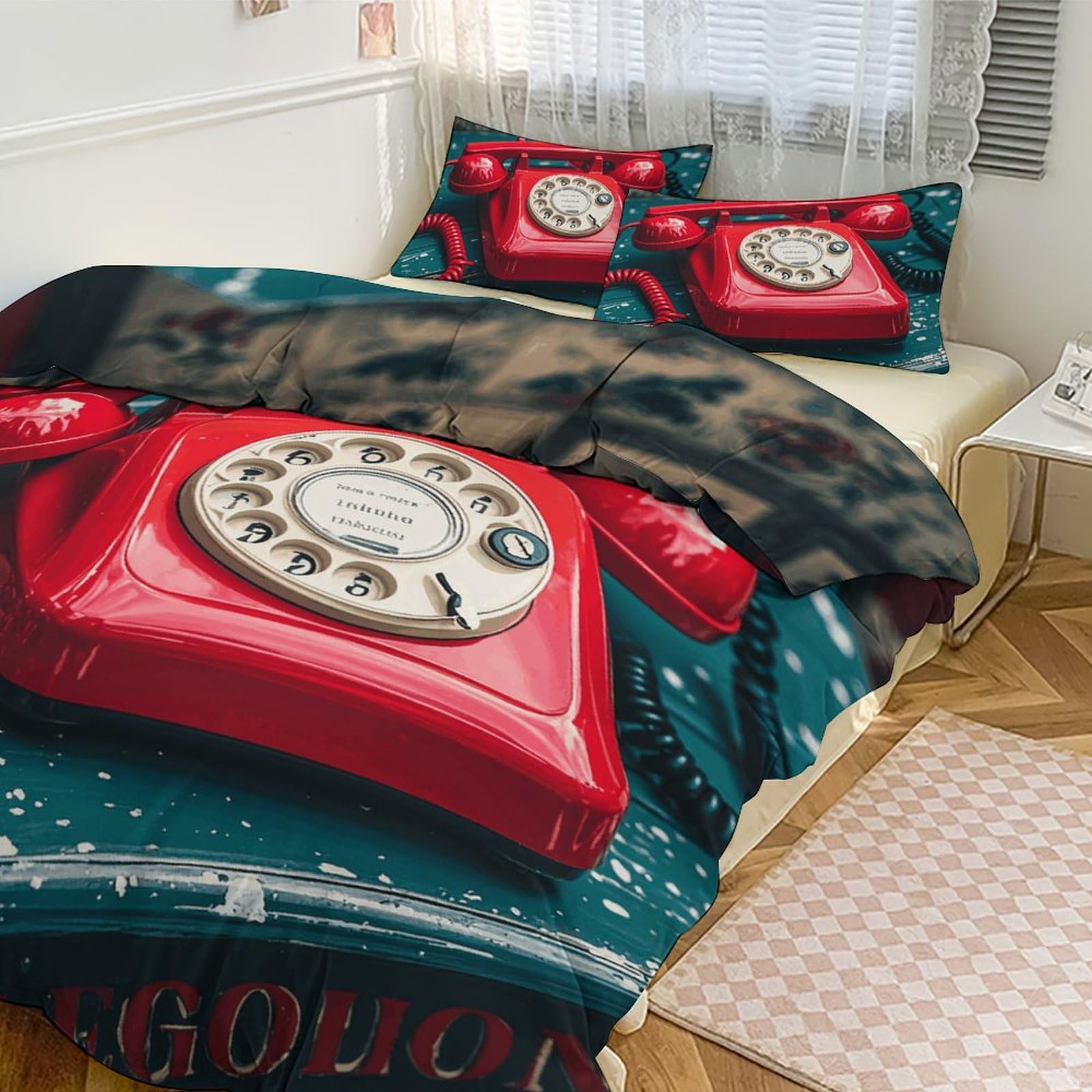Parure de lit motif téléphone de Londres rétro avec couette pour grand lit et deux taies d'oreiller