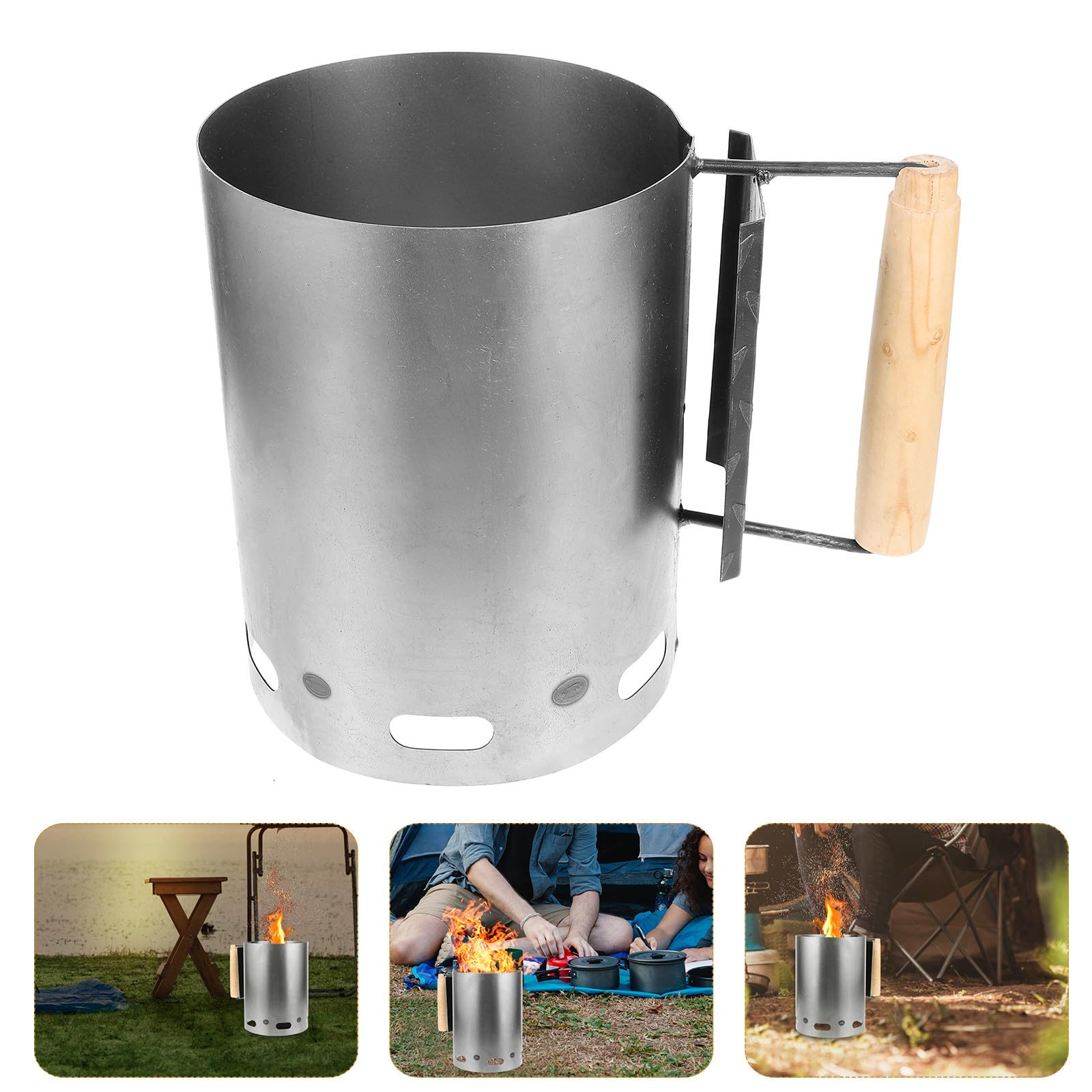GALPADA Cubo para Encender Carbón de Hierro Mango de Madera para Barbacoas y Exterior, Herramienta Rápida y Segura para Encender Carbón de Forma Uniforme