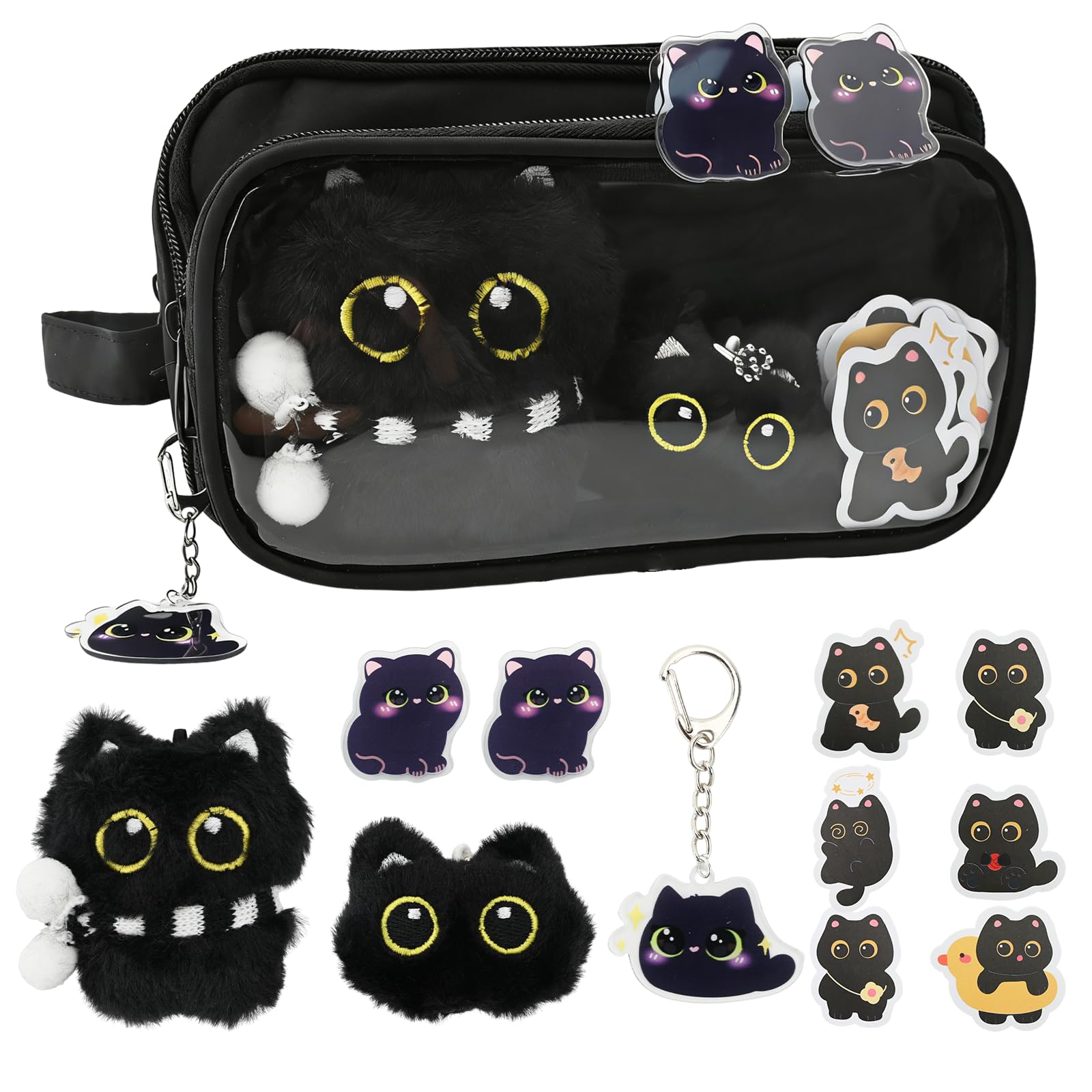 Black Cat Pencil Case,Large Capacity Detachable Multi-Layer Pouch with Zipper,Kawaii Stationery Organiser for School,Office,Kids & Teens,Cute Cats Theme Stationery Gifts for Girls & Boys (Black Cat)
