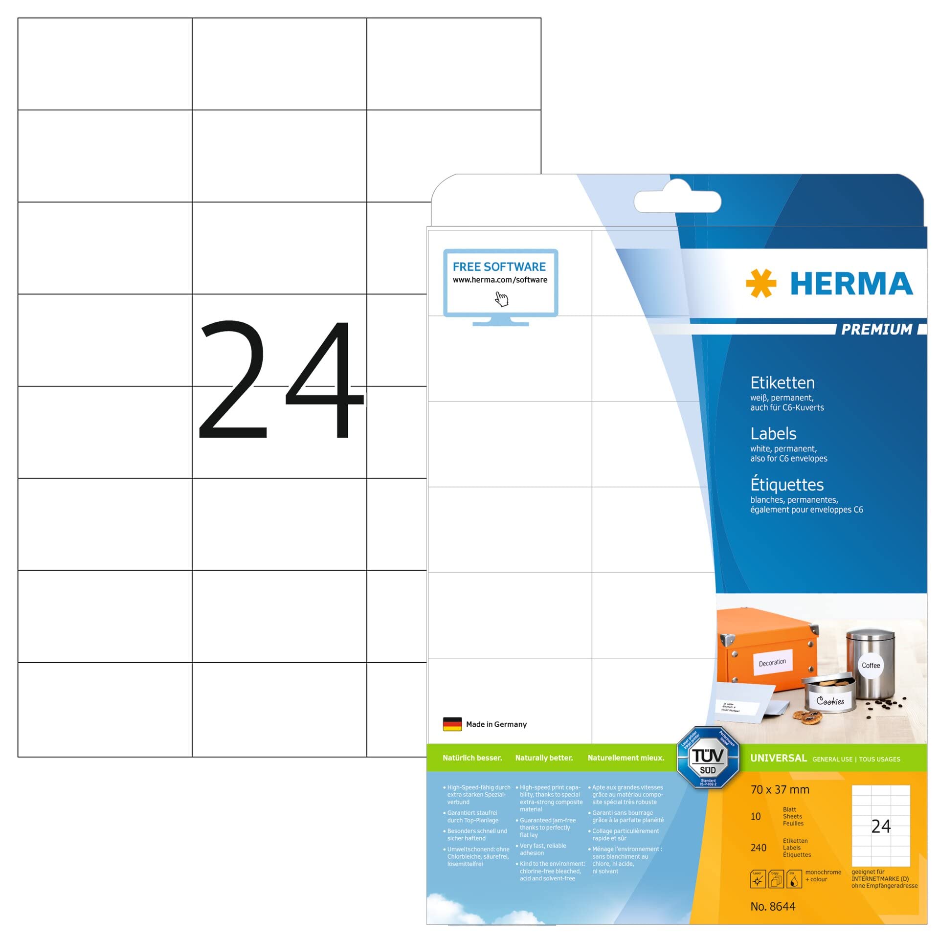 HERMA Self Adhesive Address Labels, 24 Labels per A4 Sheet, 10 Sheets, 70 x 37 mm, 240 Labels, Blank Mailing Labels Stickers, Sticky Labels for Laser & Inkjet Printer, White