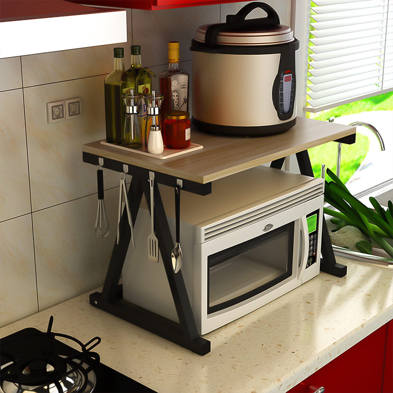 Everline 22900 A Series (2-Layer) Microwave Stand, Kitchen Platform Oven Stand Rack, Toaster Organizer with Storage Shelf Wood and Metal Walnut Brown with Metal Black Frame (B0CCW5S1F7) Amazon Price History, Amazon Price Tracker