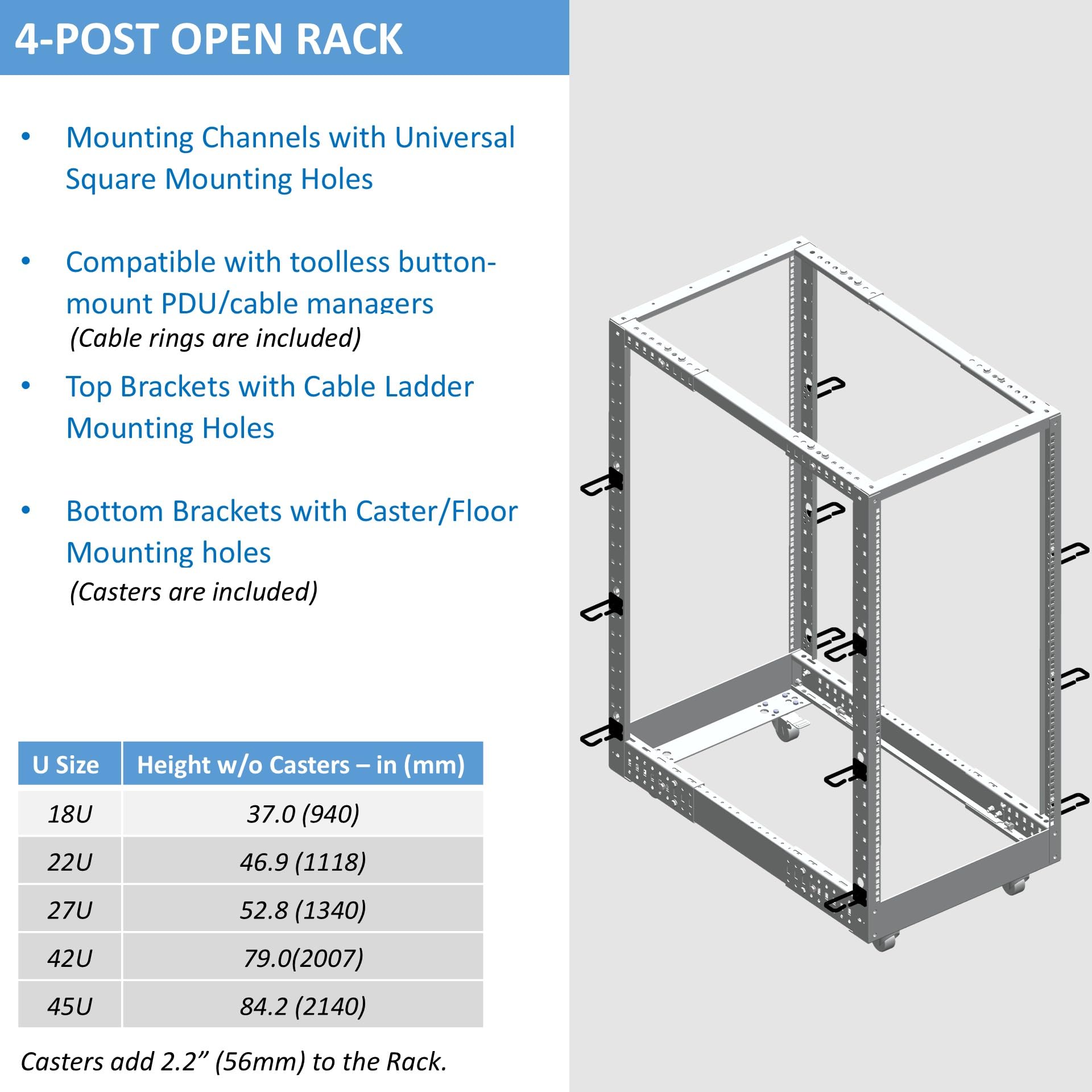 AEONS 27U 4-Pfosten-IT-Server-Rack mit offenem Rahmen, 48,3 cm tiefenverstellbar (55,9 cm bis 101,6 cm), Netzwerkausrüstung, AV-Ausrüstung mit Rollen und Kabelmanagement