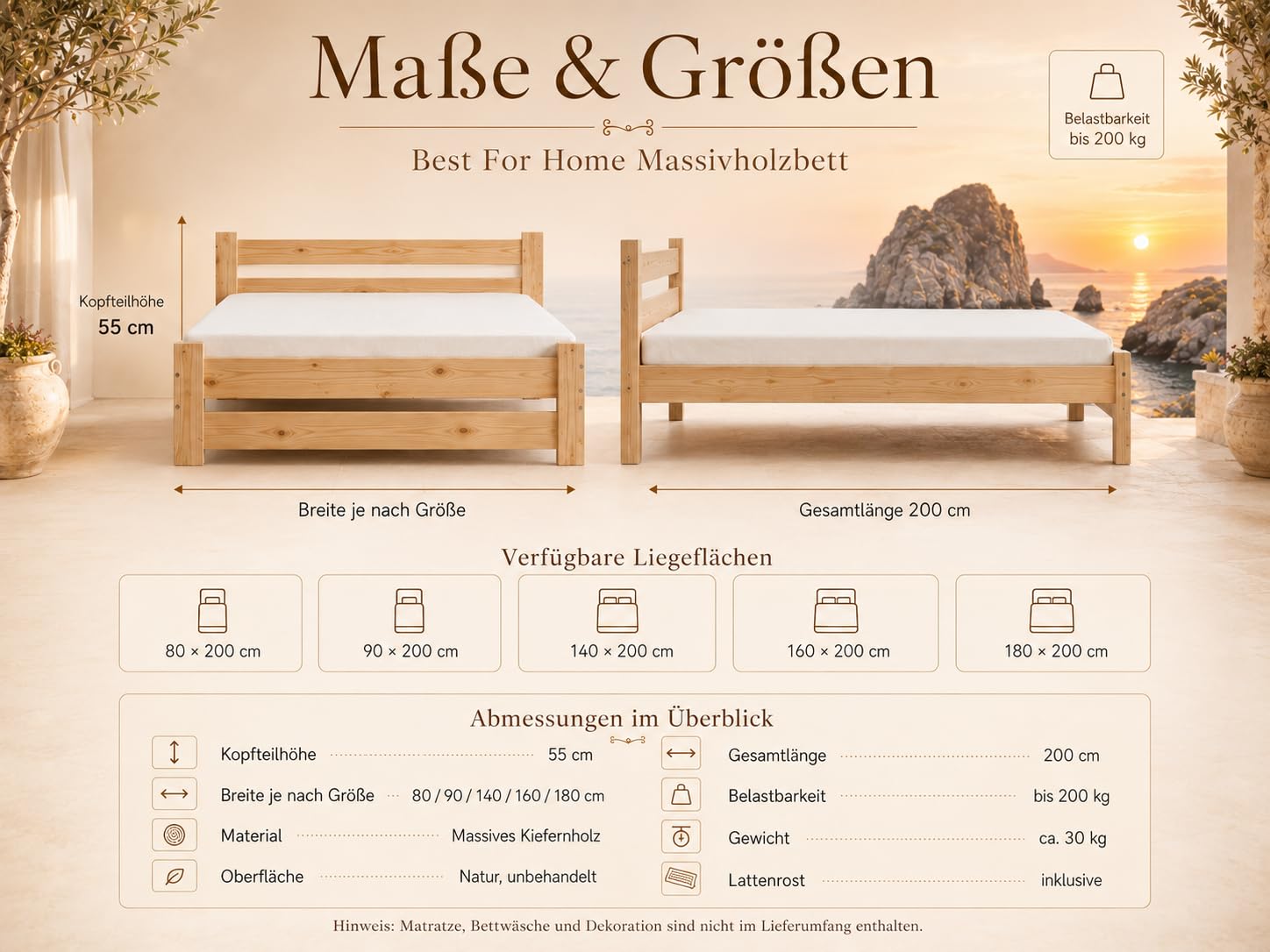 Massivholzbett | Futonbett | Naturholzbett bettgestell | Hochbett aus 100% Naturholz | kopfteil Bett | Bett mit lattenrost Und kopfteil |Seniorenbett | bettgestell (90x200 cm)