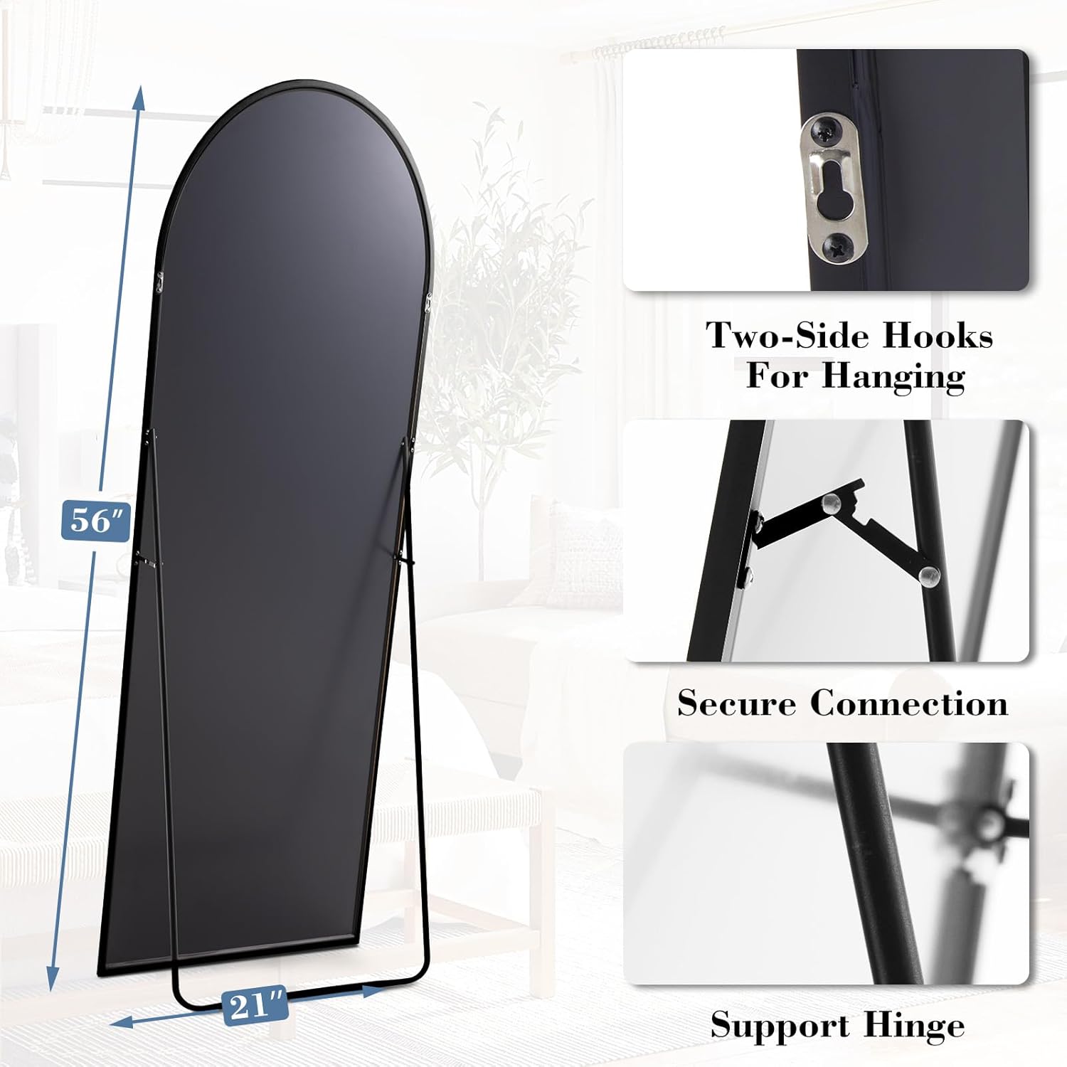 DUMOS Arched Full Length Mirror with Stand Floor Standing Aluminum Frame for Bedroom Body Hanging Leaning Modern Simple Home Decor Shatter-Proorf Nano Glass Wall Living Room Cloakroom Black 56"x15"