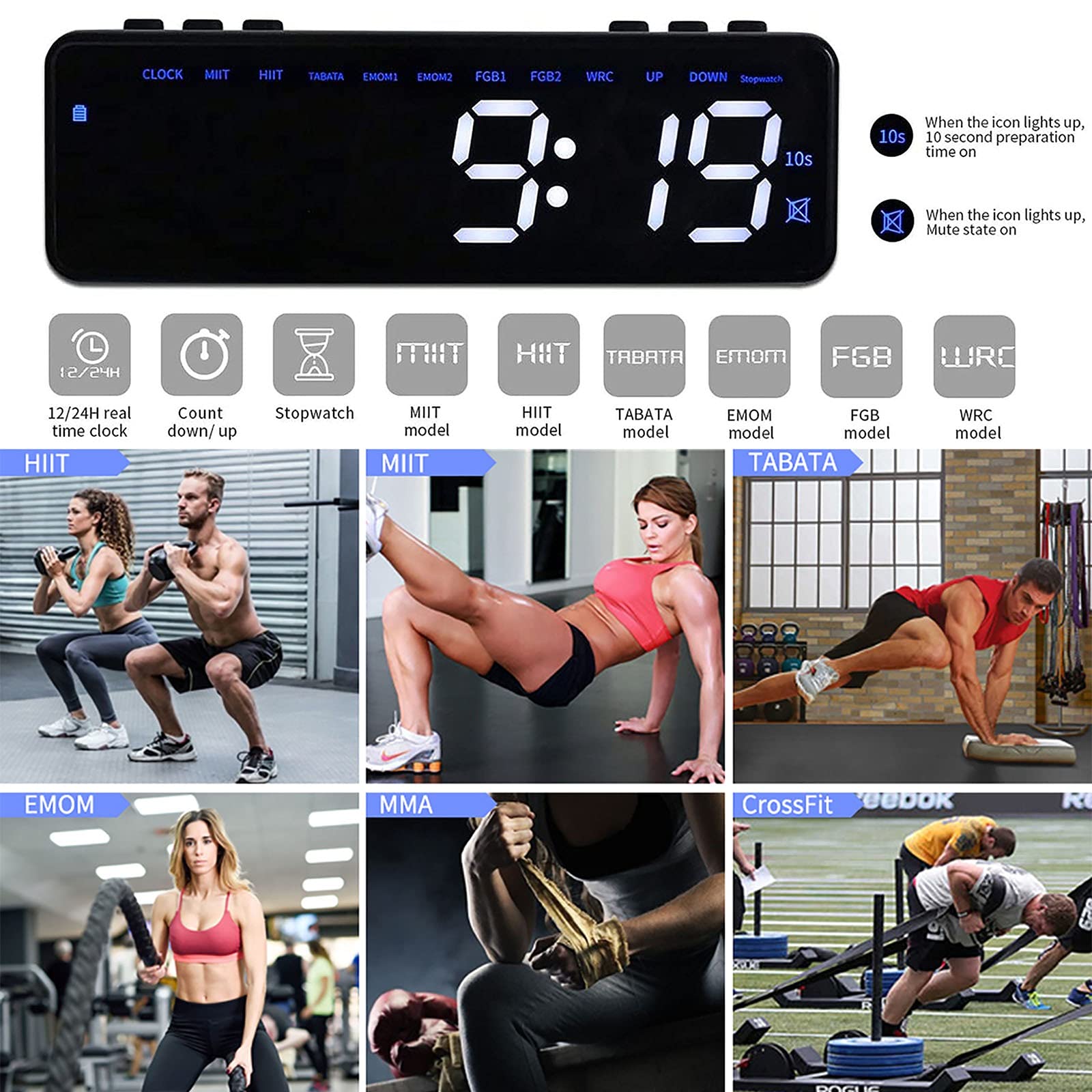 Timer fitness portatile con controllo app Bluetooth, timer a intervalli magnetici, TABATA, EMOM, FGB, MIIT, cronometro, conto alla rovescia, progettato per l'allenamento HIIT, livelli di abilità