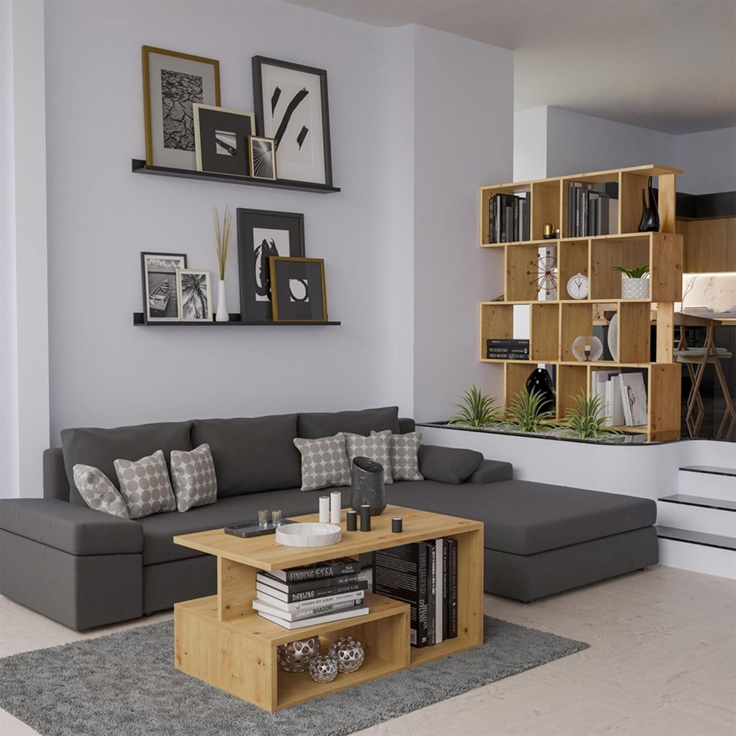 Selsey Fiesta Modern Bookcase 140 x 59.5 x 30 cm, Handmade Oak Wall Shelves, 8 Shelves, Self-Assembly, Asymmetric and Geometric Design for Living Room/Office/Bedroom, Modular