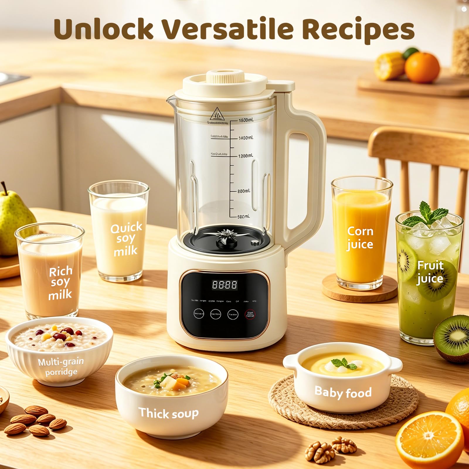 Máquina automática de leche de soja, máquina de leche de nueces de 1600 ml con 20 cuchillas, pantalla LED, temporizador de 24 horas, función de autolimpieza, para leches vegetales caseras como soja