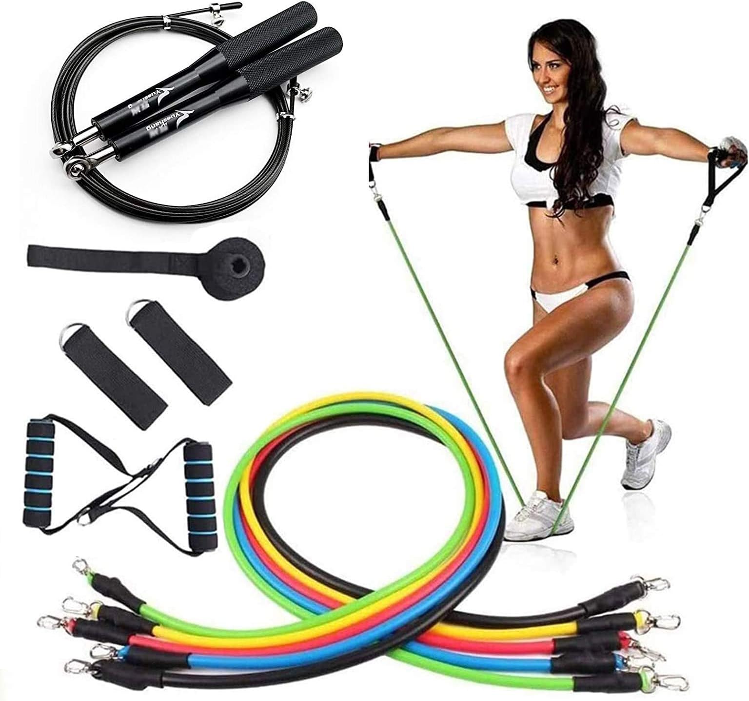 XTDGN 11Pcs Weights Exercise Fitness Resistance Bands Set - Stackable Elastic Exercising Band - with Door Anchor Handle and Legs Ankle Straps, for Home, Gym