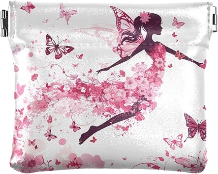 Coin Purse Pouch Small Squeeze Soft PU Leather Coin Wallet Change Bag Cute Aesthetic for Women Girls-Pink Flower Fairy