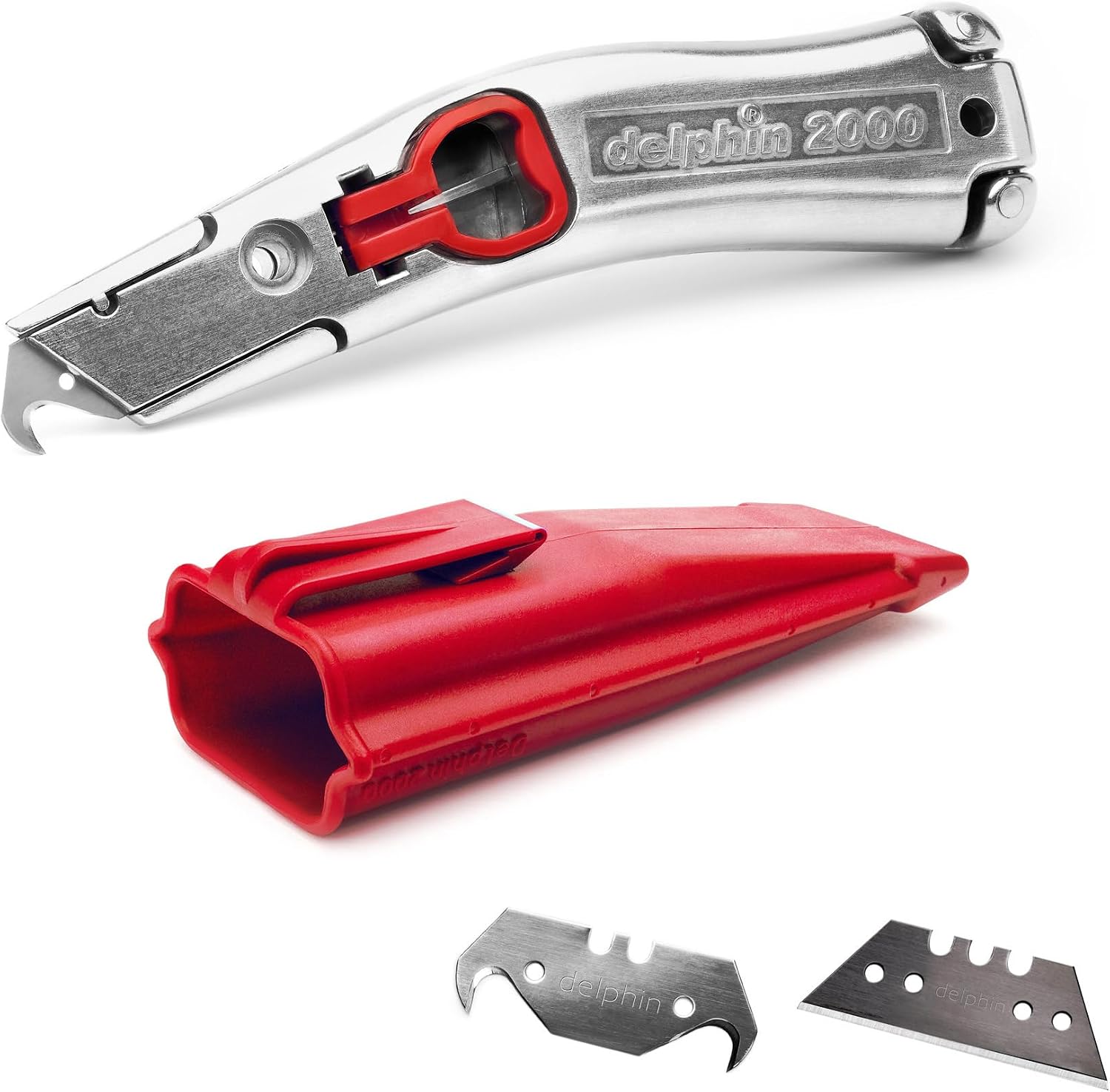 Delphin®-2000 Teppichmesser, Klassik Edition, Feststehende Klinge, Profi Cuttermesser, Alu, Klingen und Kunststoffköcher, Rechts- u. Linkshänder