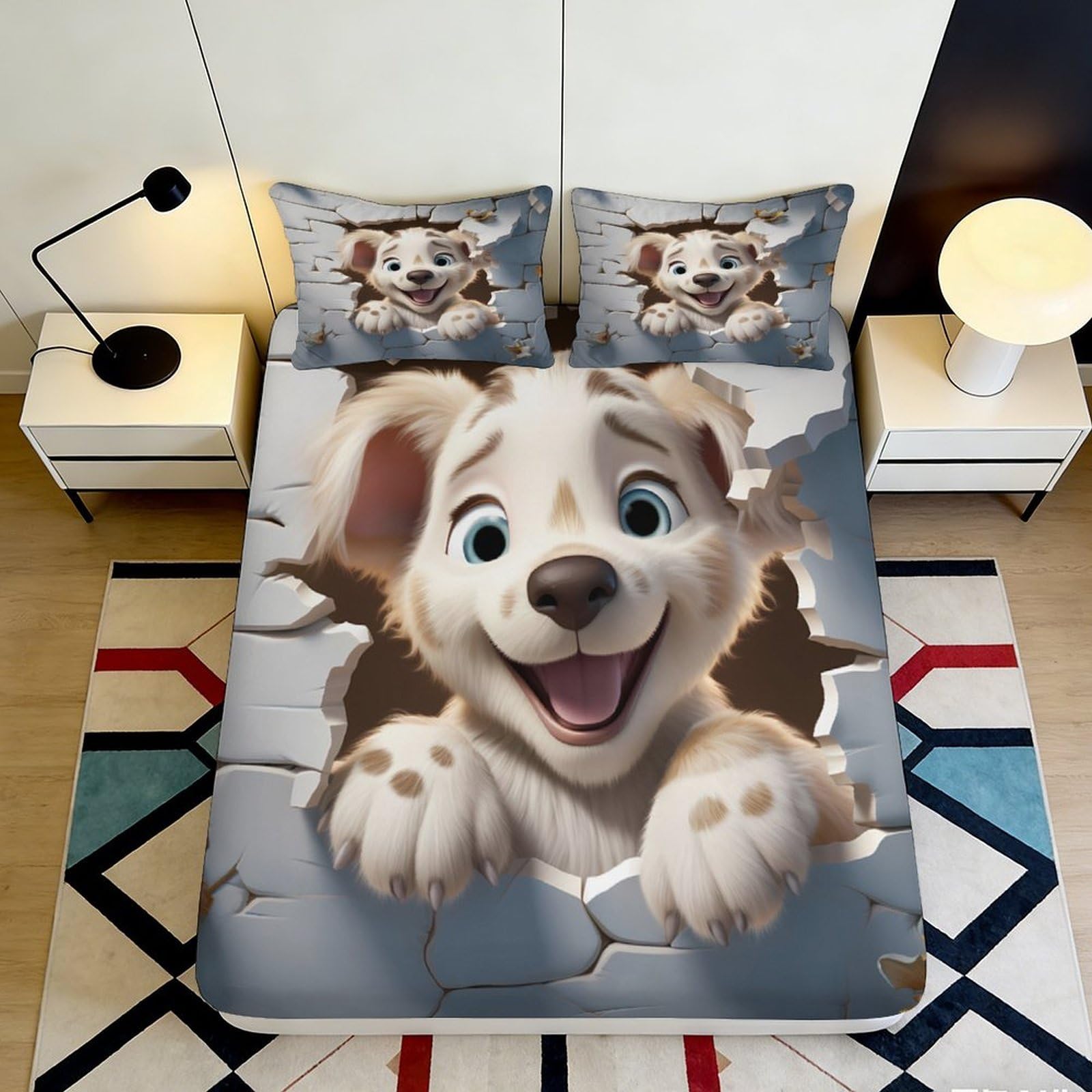 3D Printed Cartoon Puppy Fitted Sheet Microfiber Soft Grey Bed Cover for Bedroom Guest Room Dorm Mattress Decor 90x200x25cm