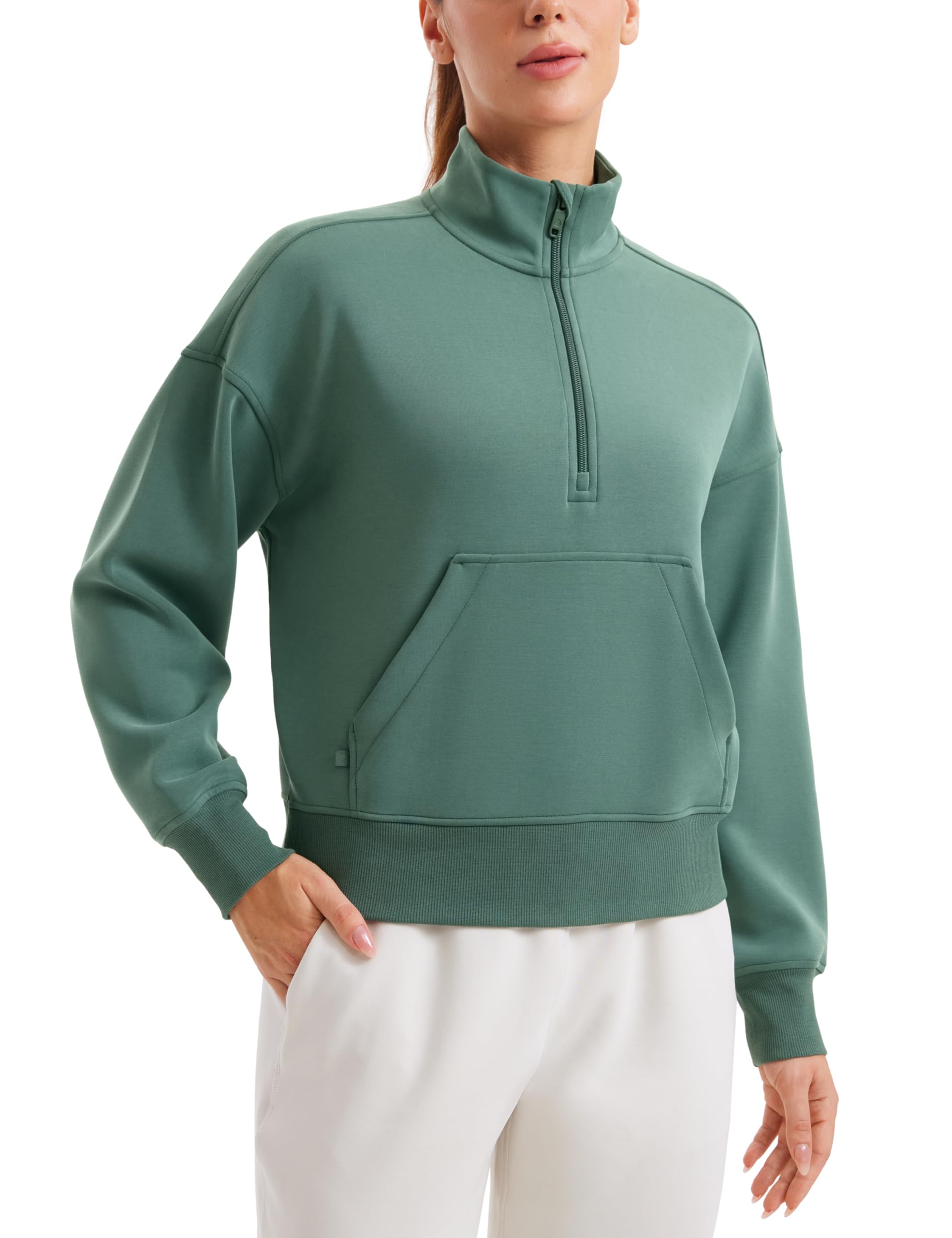 CRZ YOGA Women's SoftAura Half Zip Sweatshirt Long Sleeve Quarter Pullover Tops Workout Casual Funnel Neck Sweatshirts with Pocket Dark Forest Green 12