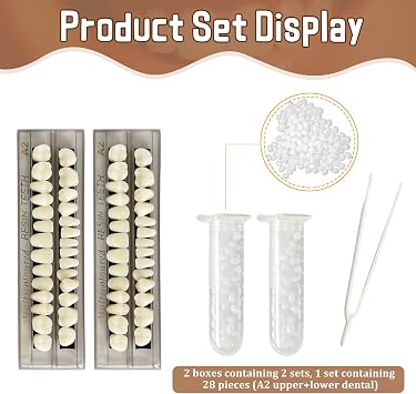 56 Pcs False Teeth Dental Complete Acrylic Resin Denture Teeth, 2 Set Whole Teeth Synthetic Polymer Denture Tooth, 23 Shade A2 Upper + Lower Dental Materials for Replacement, DIY, or Halloween (23 A2)