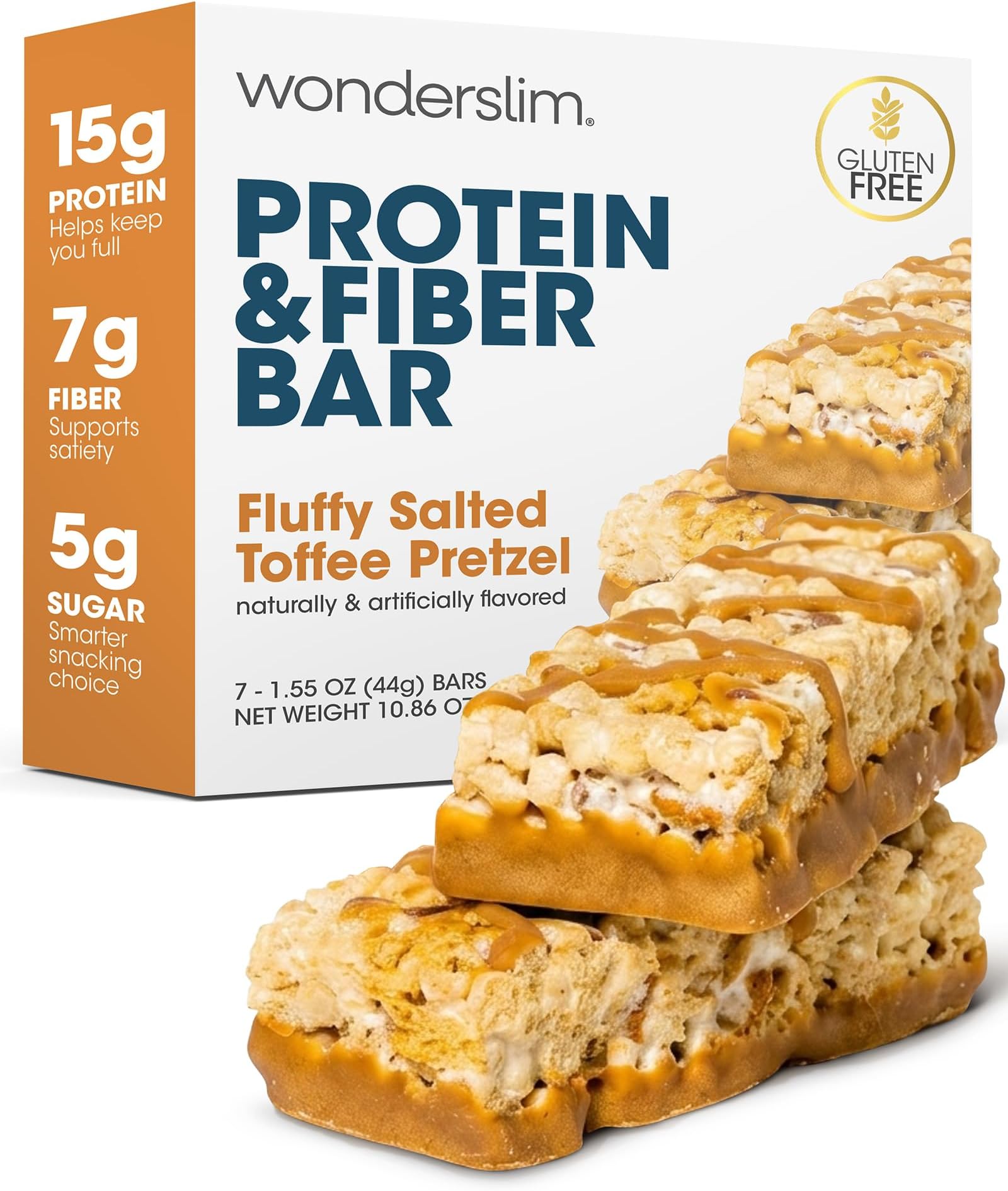 Wonderslim High Fiber, High Protein Bars – 7 Pack (Salted Toffee Pretzel) | 15g Protein, 7g Fiber – Gluten-Free, Low Sugar, Low Carb, Low Calorie Protein Snack Bars for Hunger & Craving Control