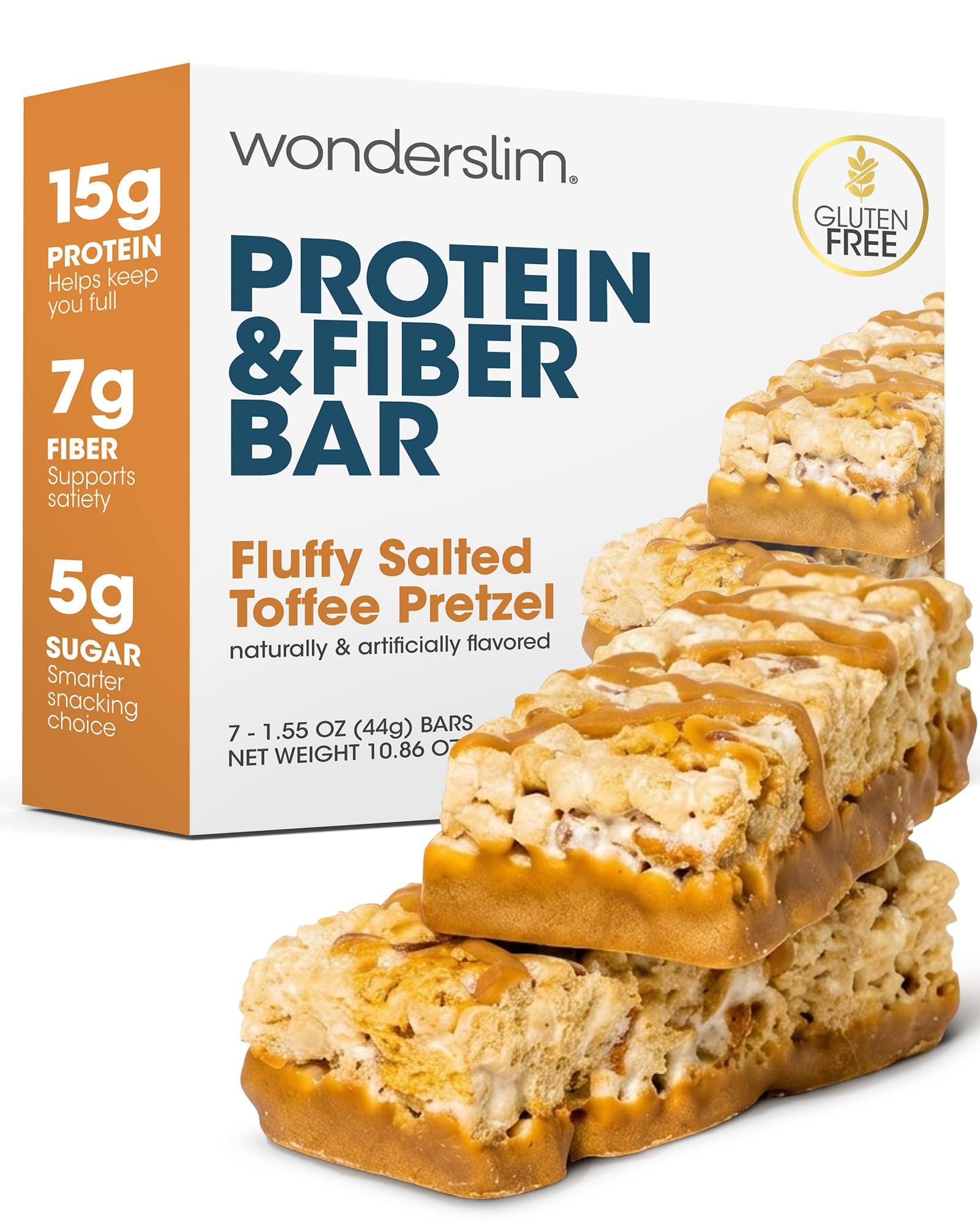 Wonderslim High Fiber, High Protein Bars – 7 Pack (Salted Toffee Pretzel) | 15g Protein, 7g Fiber – Gluten-Free, Low Sugar, Low Carb, Low Calorie Protein Snack Bars for Hunger & Craving Control