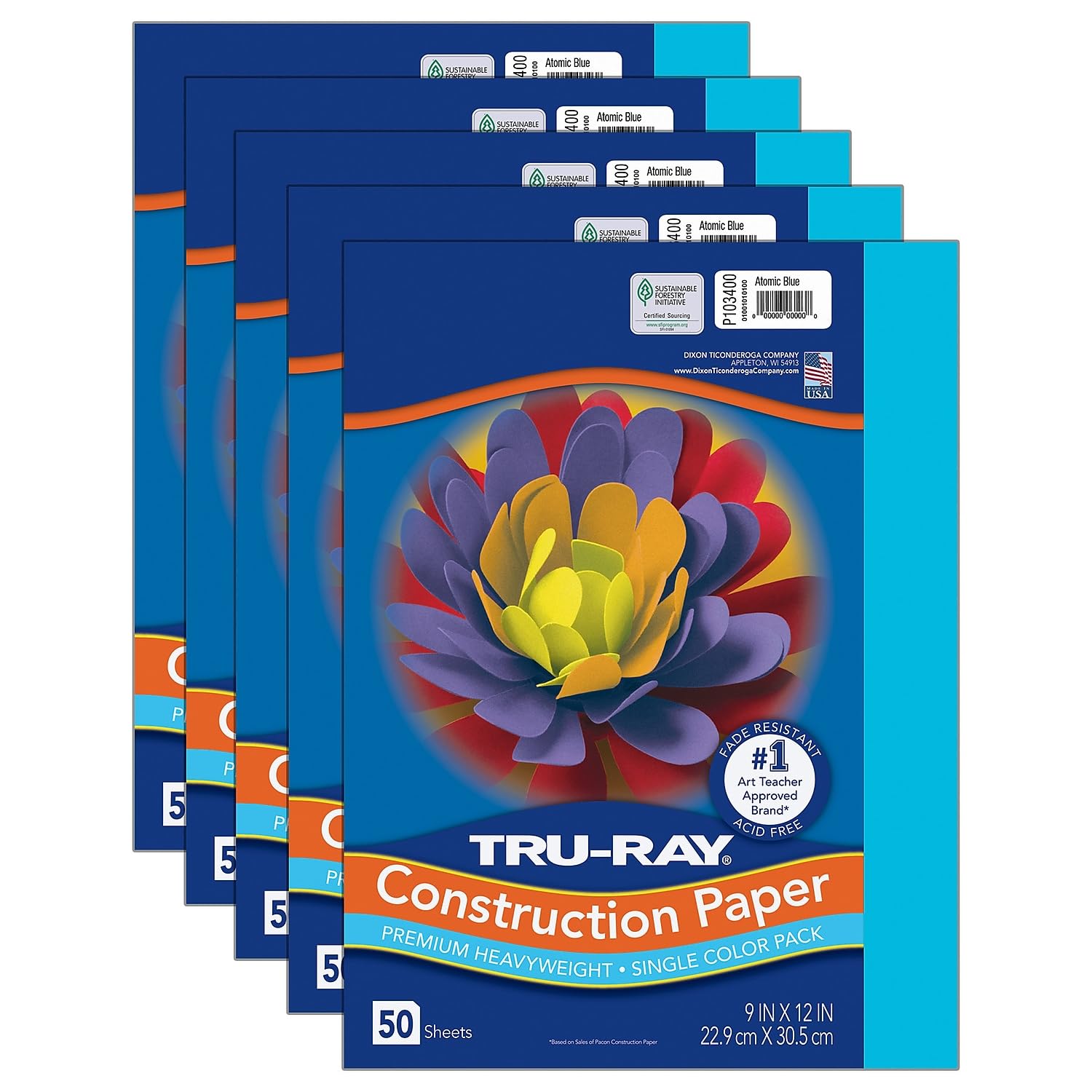 Tru-Ray Construction Paper, Atomic Blue, 9" x 12", 50 Sheets Per Pack, 5 Packs (PAC103400-5)